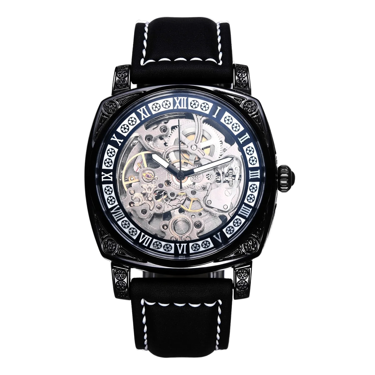 JewelryWe Męski zegarek na rękę ze szkieletem: klasyczny mechaniczny automatyczny zegarek czarna ramka szkielet tarcza ze stali nierdzewnej steampunk sukienka zegarek na Dzień Ojca Walentynki urodziny