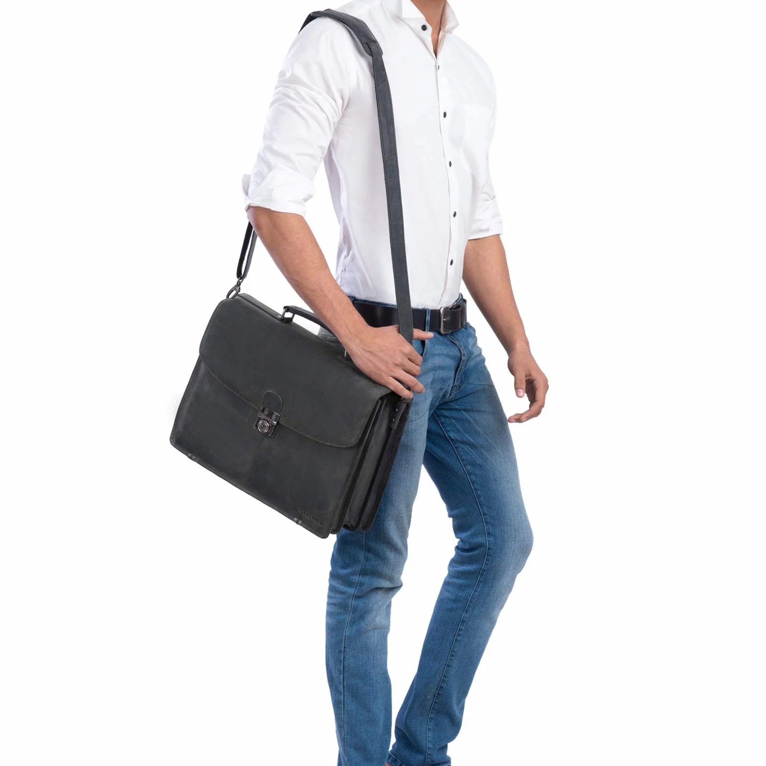 STILORD "Miguel" Classic Leather Briefcase Black Gents duża torba biznesowa torba biurowa z zamkiem do powieszenia 15,6 calowej torby na laptopa Kolor:czarny