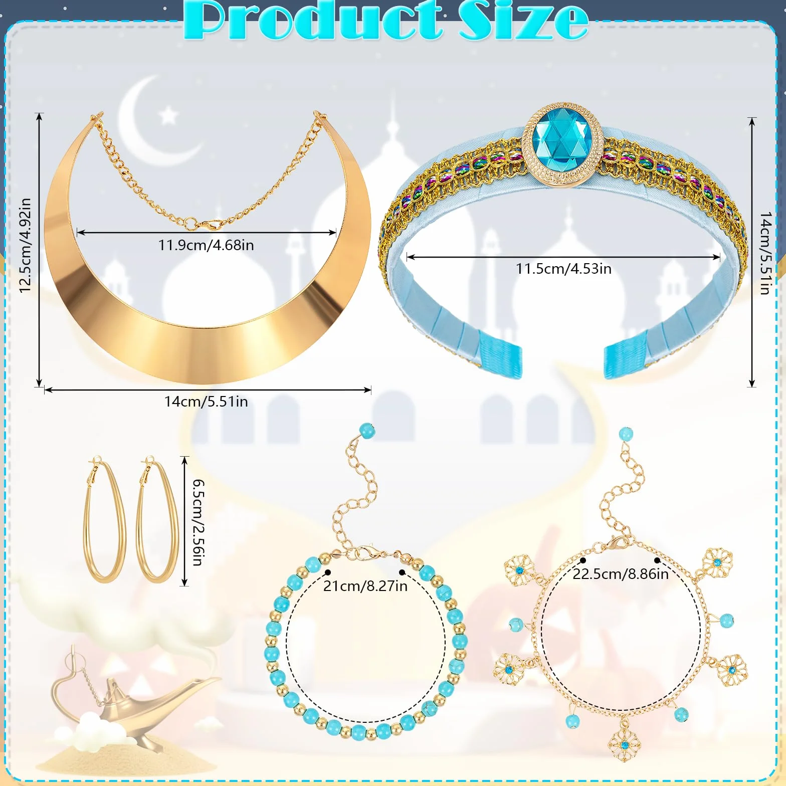 Akcesoria do kostiumu księżniczki dla kobiet i dziewczynek, diadema księżniczki Jasmine, naszyjnik, bransoletka, kolczyki na Halloween, zestaw biżuterii Jasmine, akcesoria do przebierania się