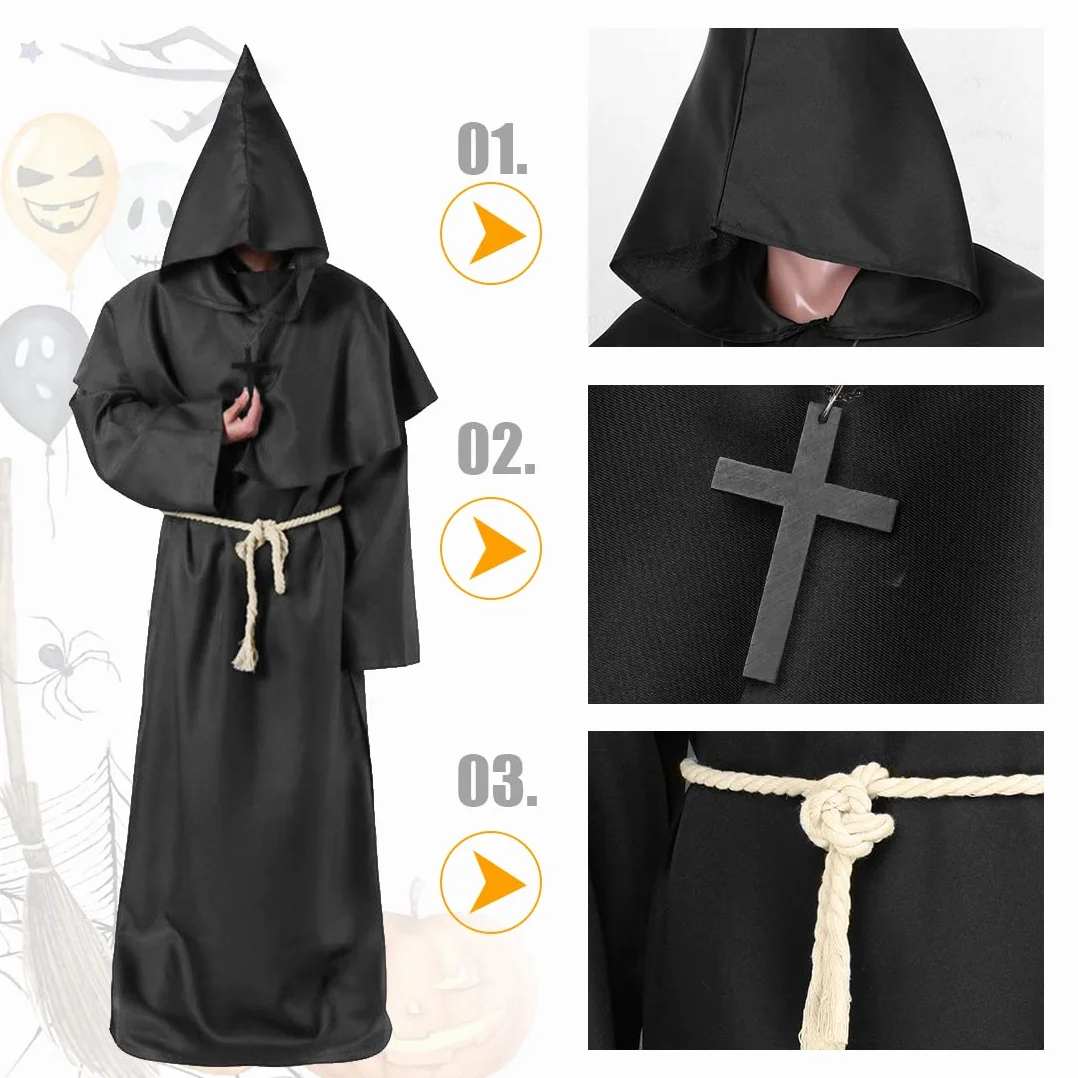 Wishstar Dekoracja na Halloween, średniowieczny renesans, mnich ze sznurkiem, męski prister z krzyżem na imprezę tematyczną, Halloween, Cosplay, karnawał i karnawał