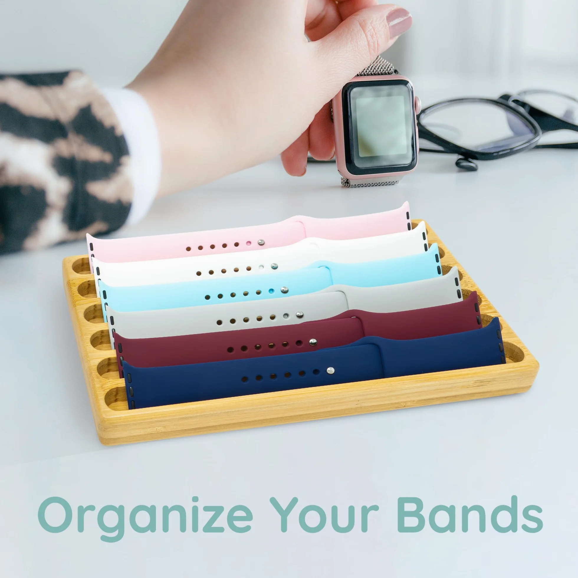 Drewniany organizer na pasek do zegarka, pasuje do wszystkich pasków Apple Watch, uchwyt na pasek do zegarka, drewniany stojak na zegarki, prezent urodzinowy dla niej (6, bambusowy)