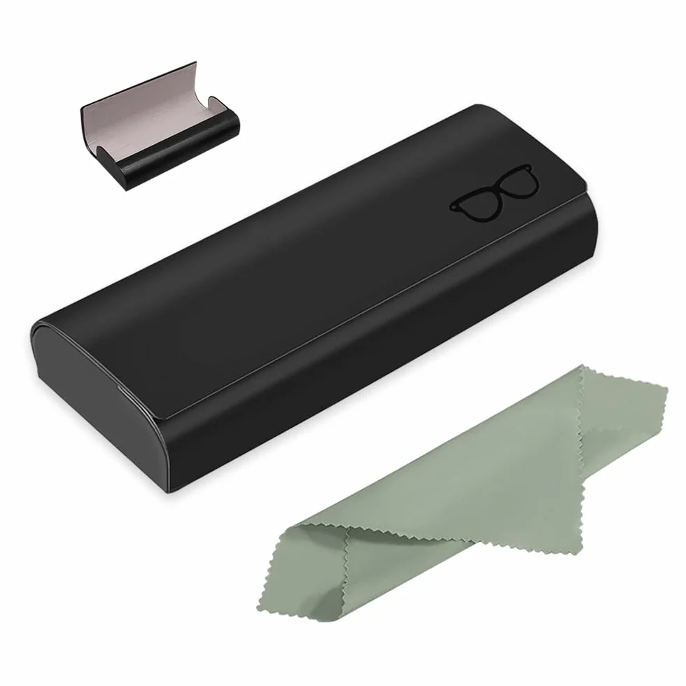 Twarde etui na okulary, przenośne etui na okulary, unisex pudełko do przechowywania ze skóry PU ze ściereczką do czyszczenia - etui na okulary ochronne stojak na okulary dla mężczyzn kobiet do