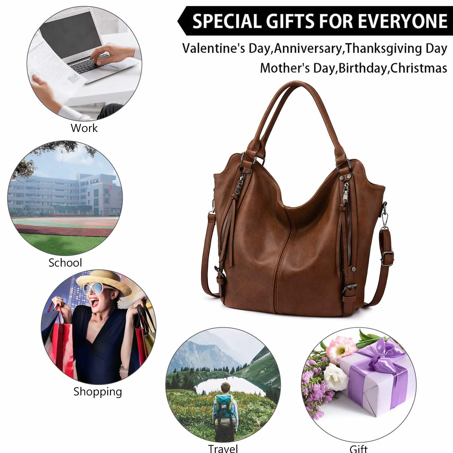 Realer Torba damska, duża, skórzana, typu shopper, na ramię, torba typu hobo w zestawie z portfelem, dla pań, do biura, szkoły, na zakupy i na podróż, zestaw 2-częściowy