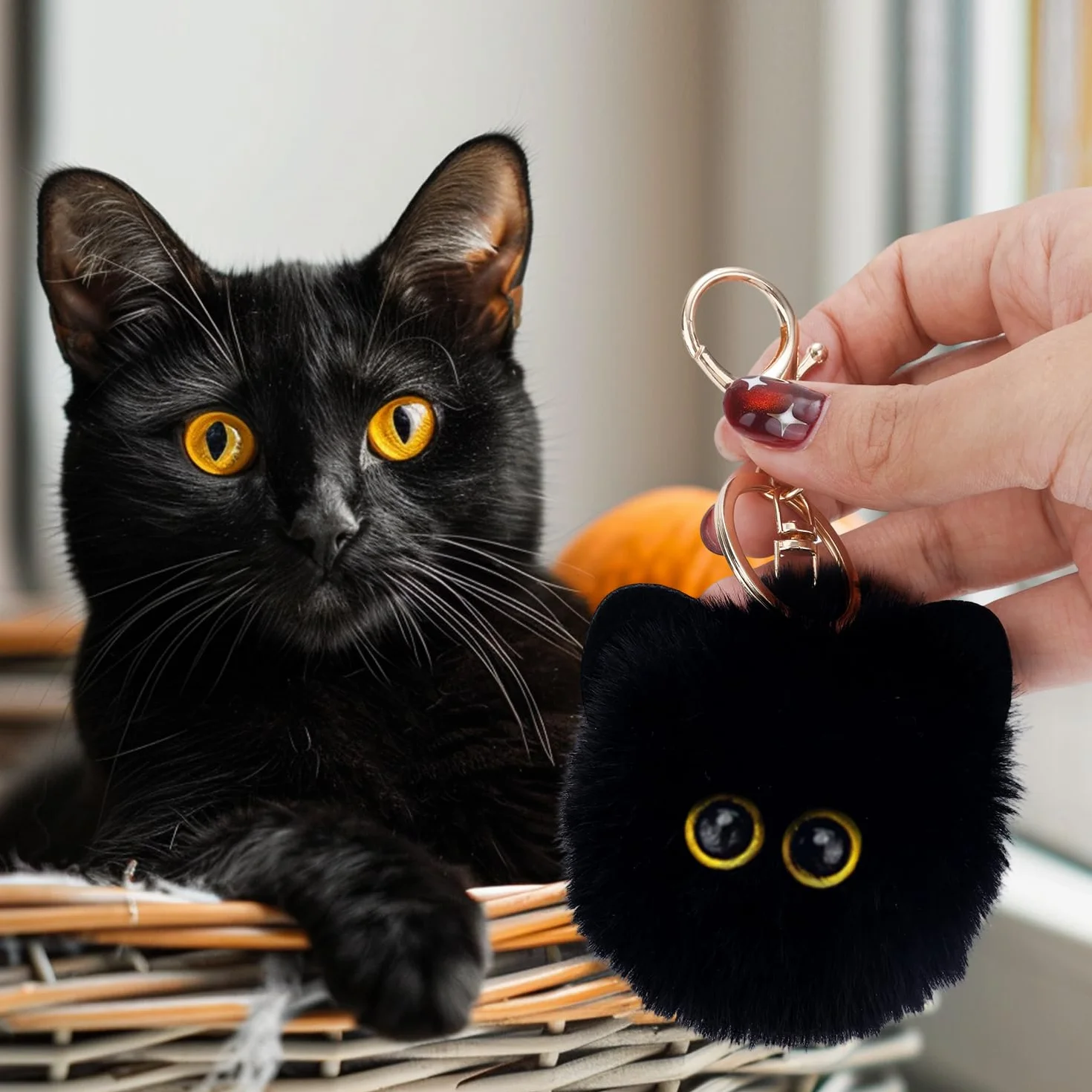 2szt Czarny Kot Miękki Brelok, Słodki Kot Pompon Brelok Miękki Kawaii Zawieszki Plecaka dla Kobiet Dziewczyn Kluczyki do Samochodu Portfele Akcesoria do Torby