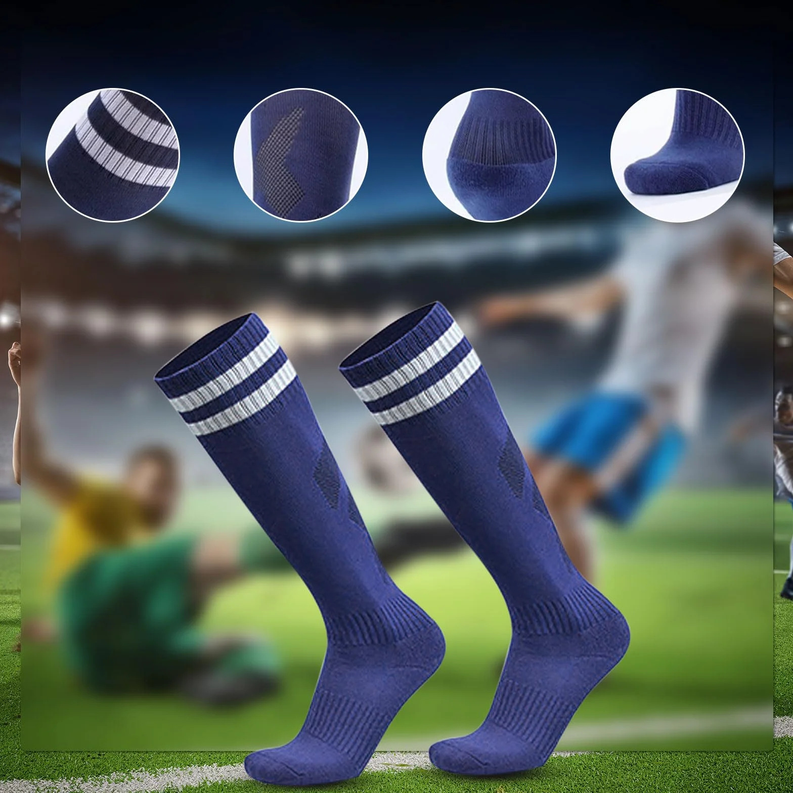SKHAOVS 3 pary dziecięcych ciemnoniebieskich długich skarpet do piłki nożnej, do kolan, koszykówki, rugby, oddychające skarpety sportowe, skarpety treningowe dla 5-12 lat, dla chłopców i dziewczynek