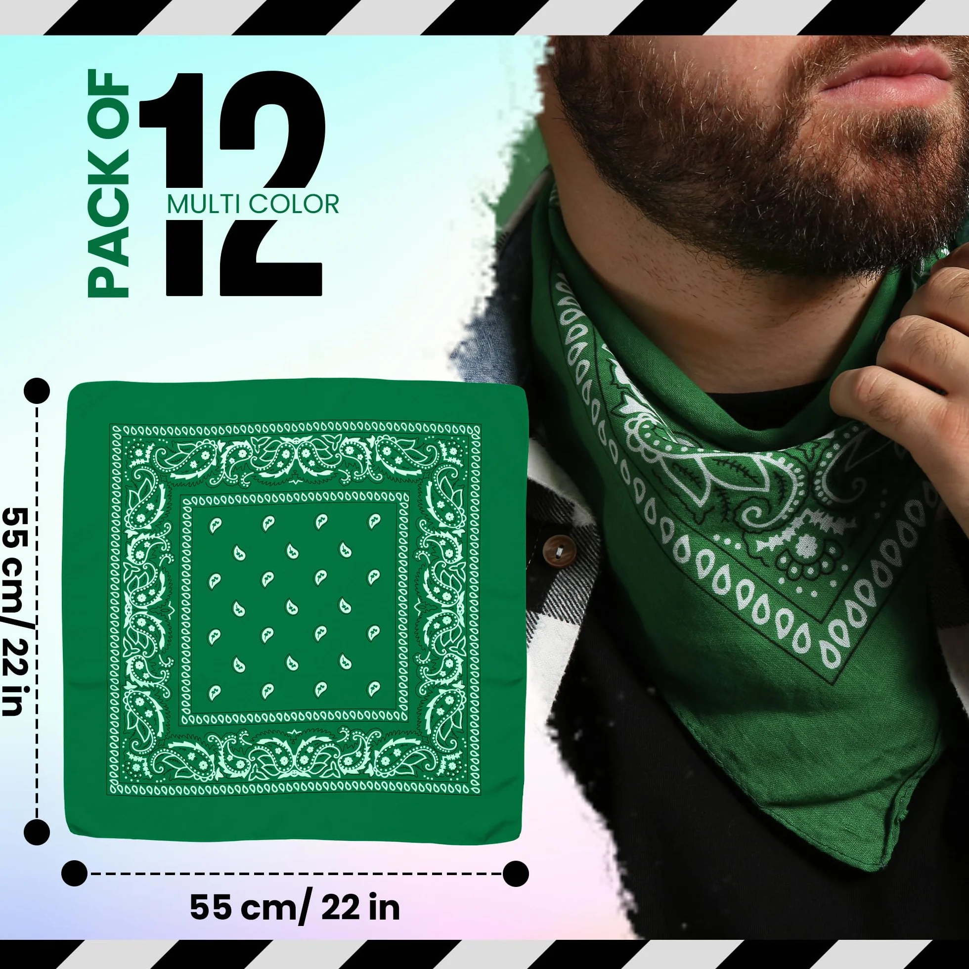 12 Mieszanych Kolorów Bandana Wielofunkcyjna - Nakrycie Głowy, Chustka na Szyję, Kolarska, Kowbojska - Paisley Komin na Głowę - Męska, Piracka, Wielopak Różne Wzory