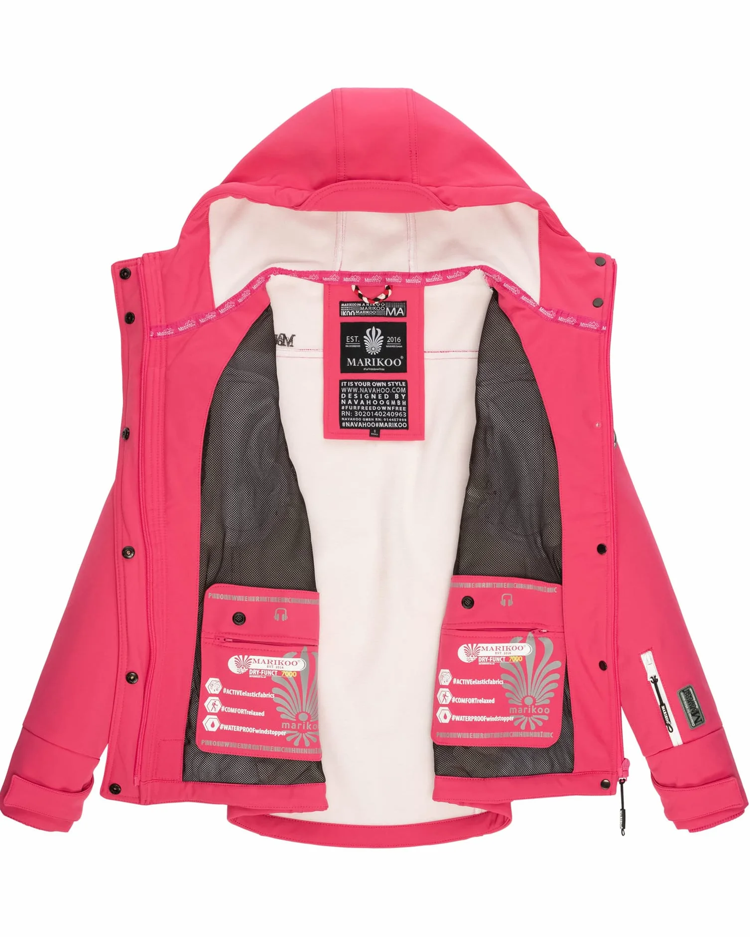 MARIKOO Damska kurtka softshell, wodoszczelna kurtka outdoorowa z kapturem, mały zamek, rozm. XS-XXL