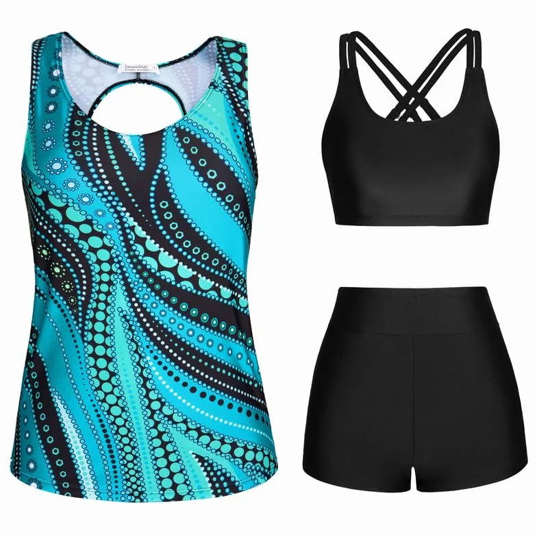 JASAMBAC Bikini Push Up damskie 3-częściowe tankini damskie szorty kąpielowe z wysokim stanem, prosty strój kąpielowy, damski sportowy kostium kąpielowy, moda kąpielowa na basen, plażę