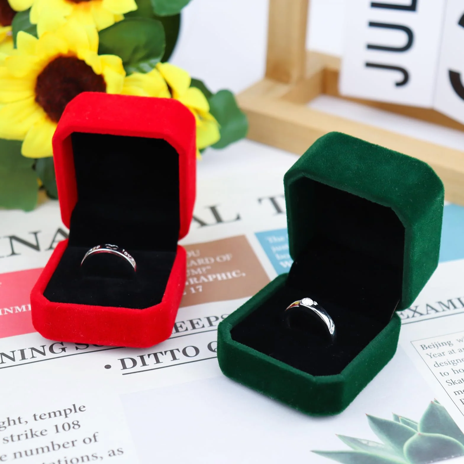 Ringschachtel, Welonowa skrzynka na biżuterię ośmiokątna mała na prezent ślubny, Elegancka skrzynka na pierścionki, kolczyki, mini broszki (zielona)