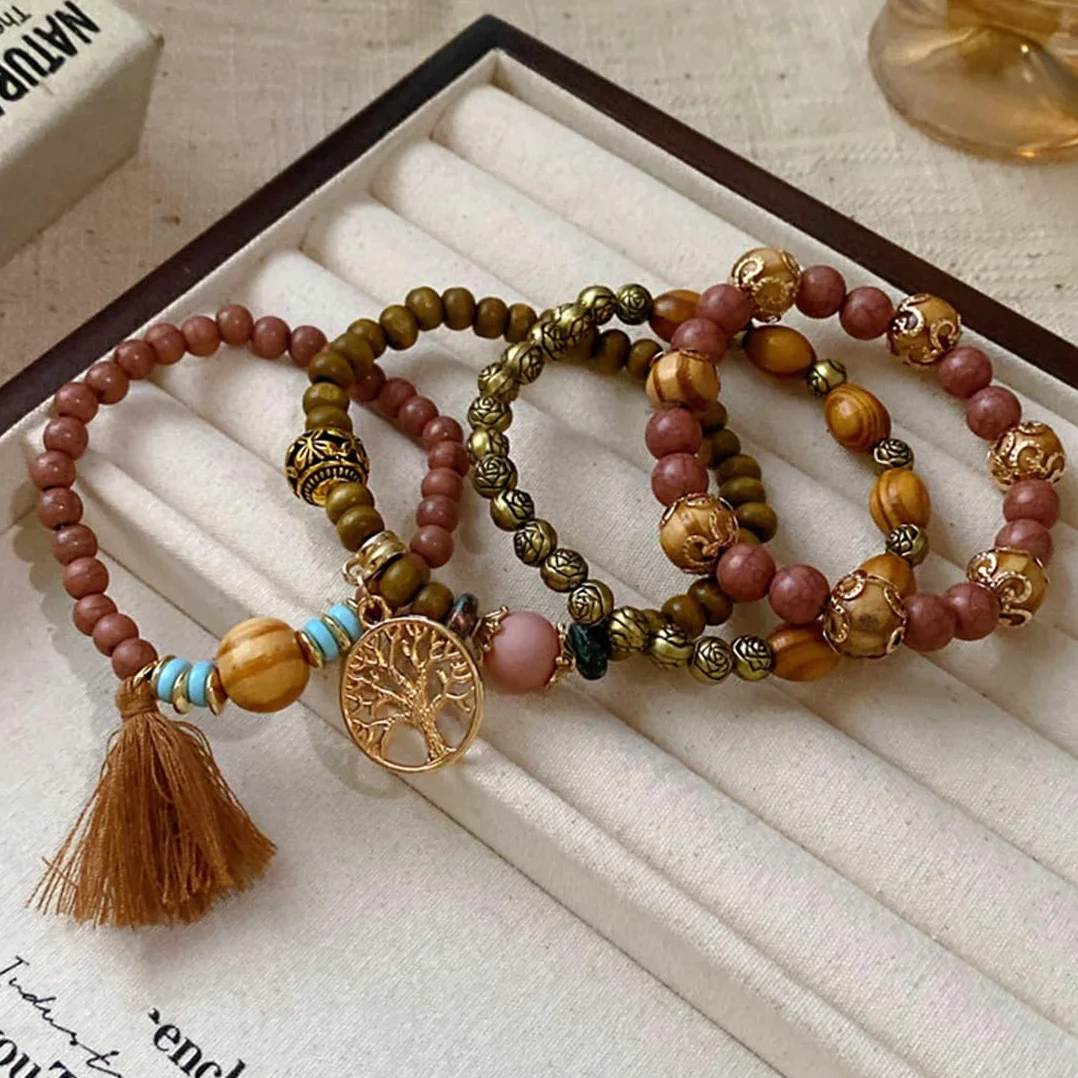 Bransoletka boho z drewnianymi koralikami, bransoletka czakra dla kobiet, naturalne kryształowe kamienie lecznicze, bransoletka dla kobiet, drzewo życia, charms