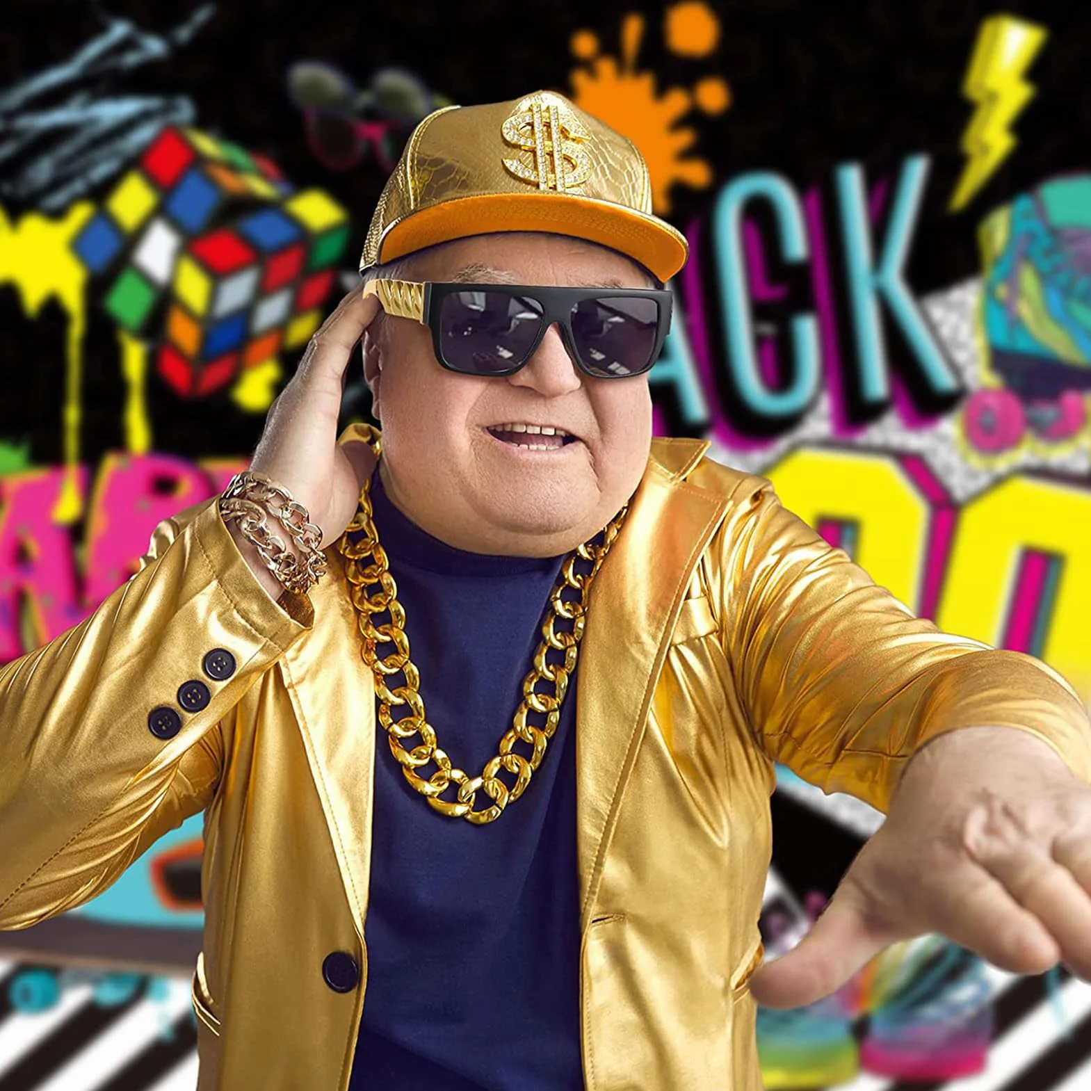 Kostium a złoty łańcuszek na karnawał, hip hop, kostium rapera, lata 80/90., strój męski