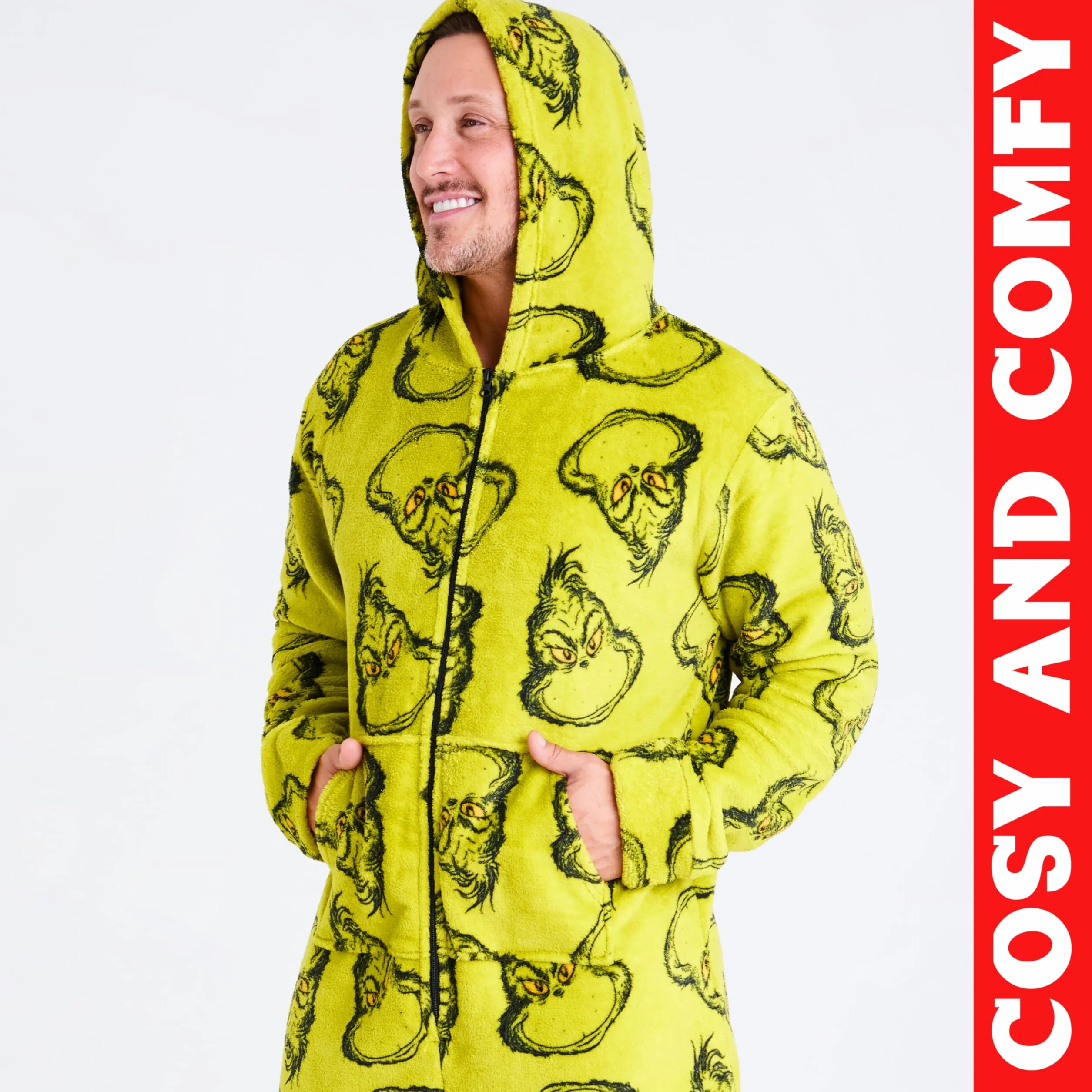 The Grinch Onesie męski kombinezon polarowy z kapturem, przytulny kombinezon polarowy dla mężczyzn i nastolatków