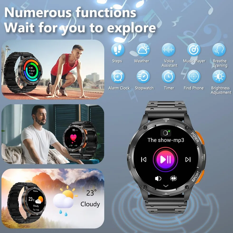 AXFEE Smartwatch męski, 1,43" HD Outdoor zegarek sportowy, 70+ trybów sportowych, pulsometr/monitor snu / krokomierz, wodoszczelność IP68, połączenia Bluetooth, męski zegarek sportowy z taśmą, zegarek