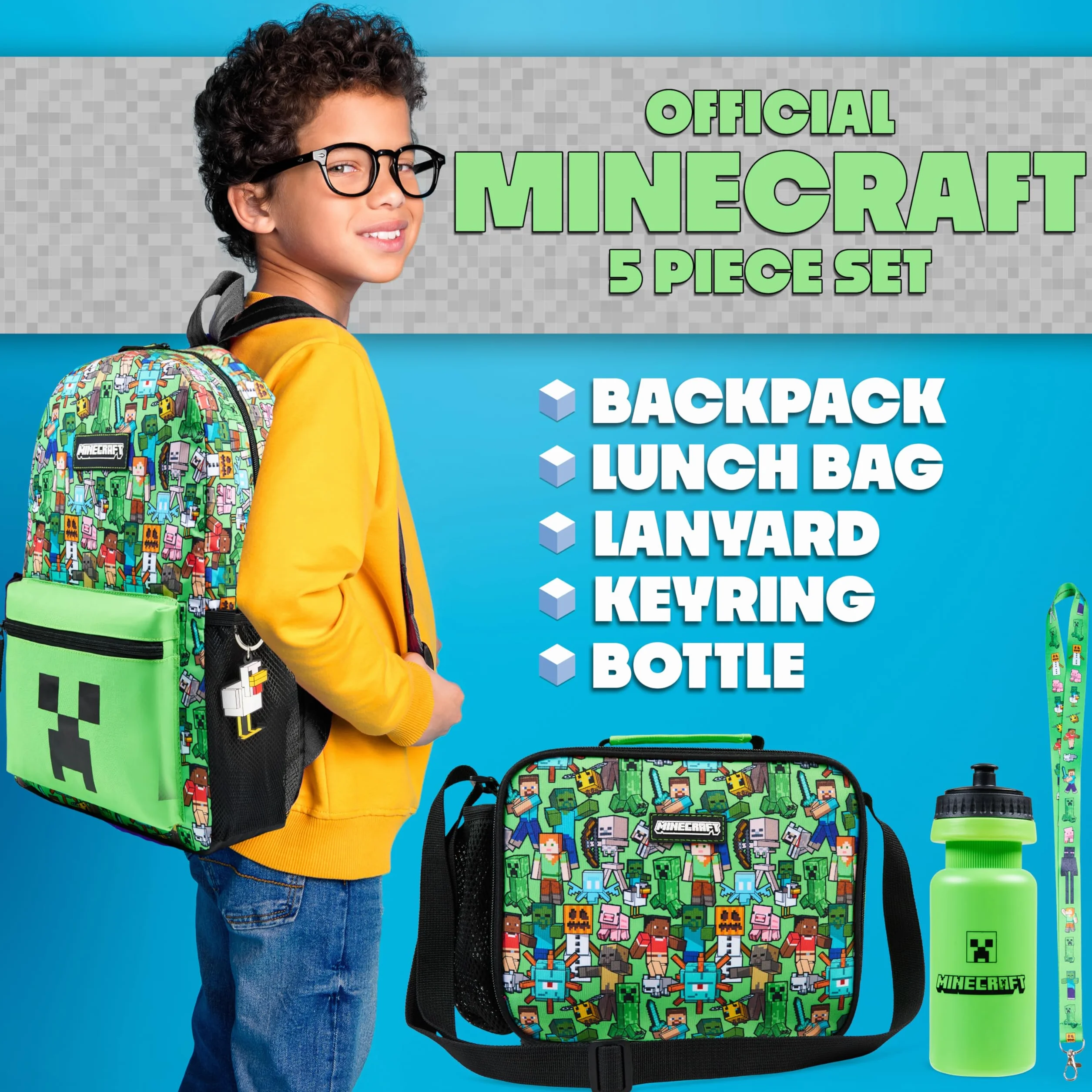 Minecraft Plecak chłopięcy, zestaw upominkowy, 5 szt., torba szkolna, torba na lunch, butelka na wodę, brelok i smycz (zielony AOP)