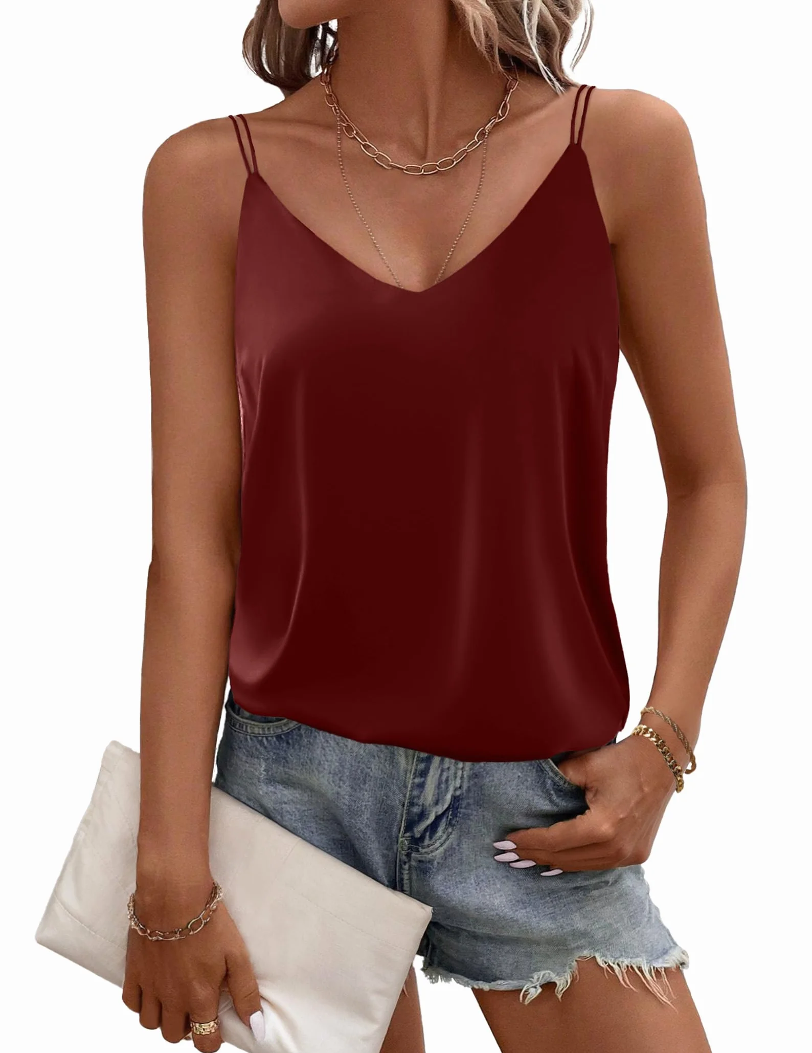 Ekouaer Damska satynowa koszulka Cami Tank Top Elegancki Spaghetti z dekoltem w serek Basic jedwabny top bez rękawów Camisole Tank Top S-XXL