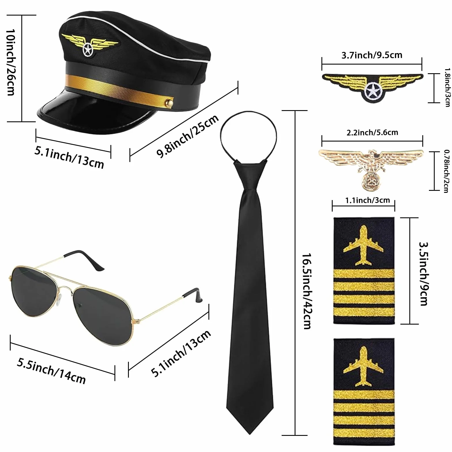 Kostium pilota, kostium kapitana, akcesoria do kostiumu, zestaw pilotów, kapitan, karnawał, pagony, paski, kapelusz pilotka, dla dorosłych i mężczyzn, na imprezę (czarny)