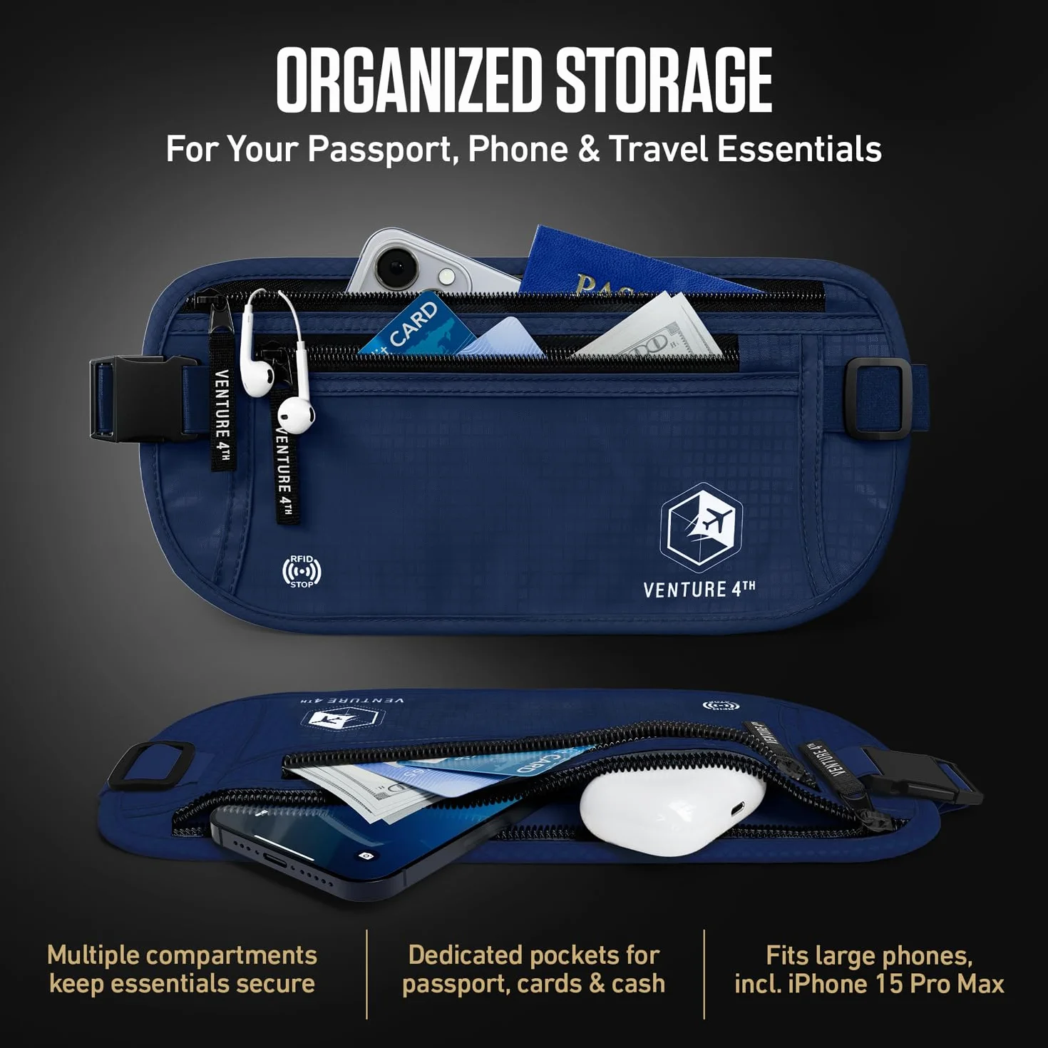 VENTURE 4TH Podróżna saszetka na pieniądze, smukłe etui na paszport z blokadą RFID do ochrony gotówki, kart kredytowych i dokumentów podróżnych, granatowy, One Size, Minimalistyczny