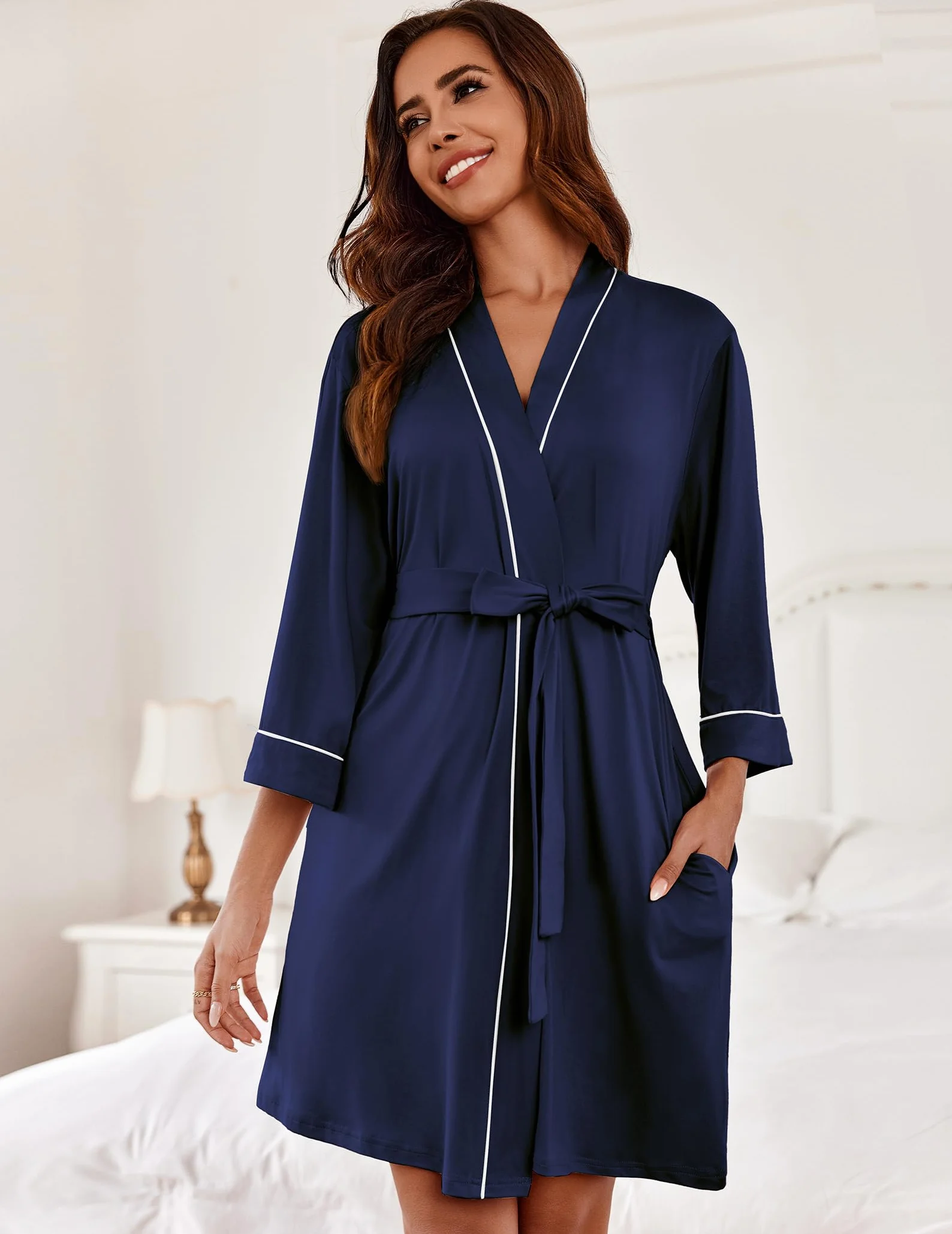 Ekouaer Damski lekki szlafrok poranny, krótki, miękki, z dzianiny, wygodny, z rękawami 3/4, z kieszeniami, S-XXL