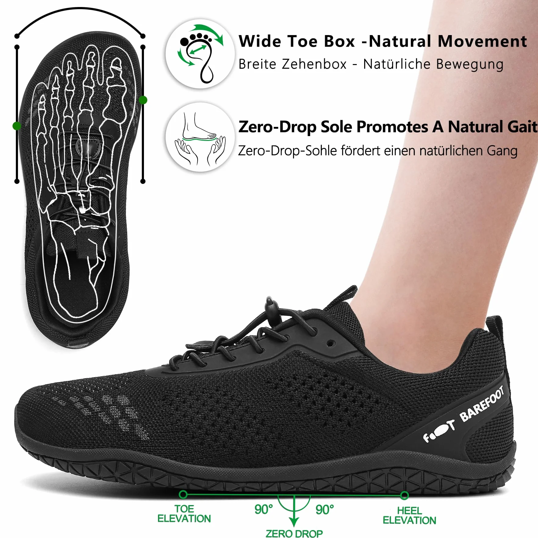 Geweo Buty Barefoot Męskie i Damskie Lekkie Wygodne Buty Sportowe Treningow z Szeroką Skrzynią na Palce Oddychające Buty do Biegania, do CrossFit i Fitness, Świeżym Powietrzu Sport Unisex Czarny 46EU