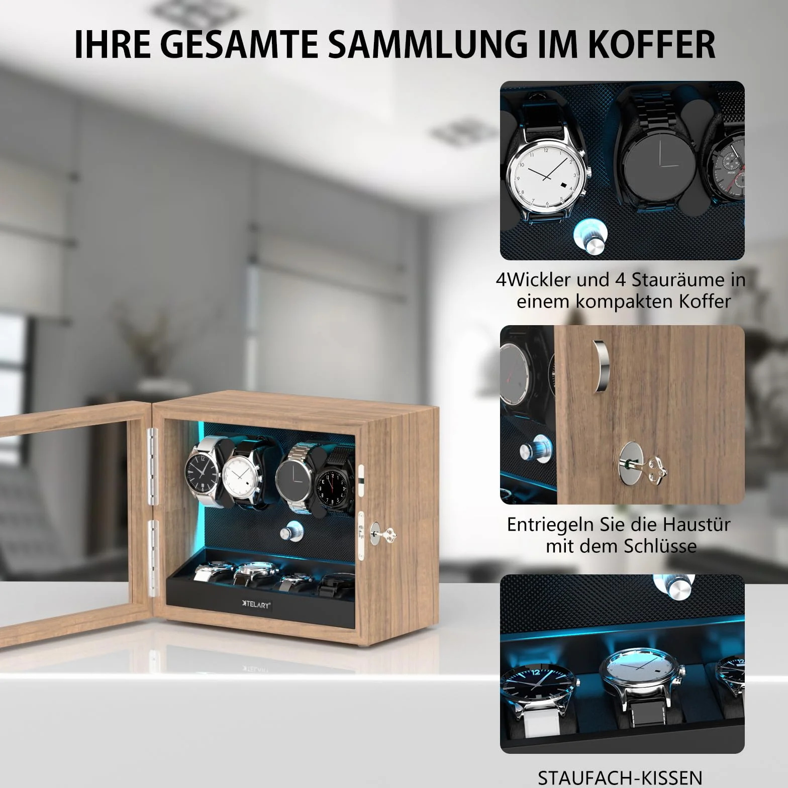 XTELARY Automatyczny Stojak na 4 Zegarki z 4 Dodatkowymi Przegródkami, Pudełko Automatyczne Mechaniczne Classic Watch Winder