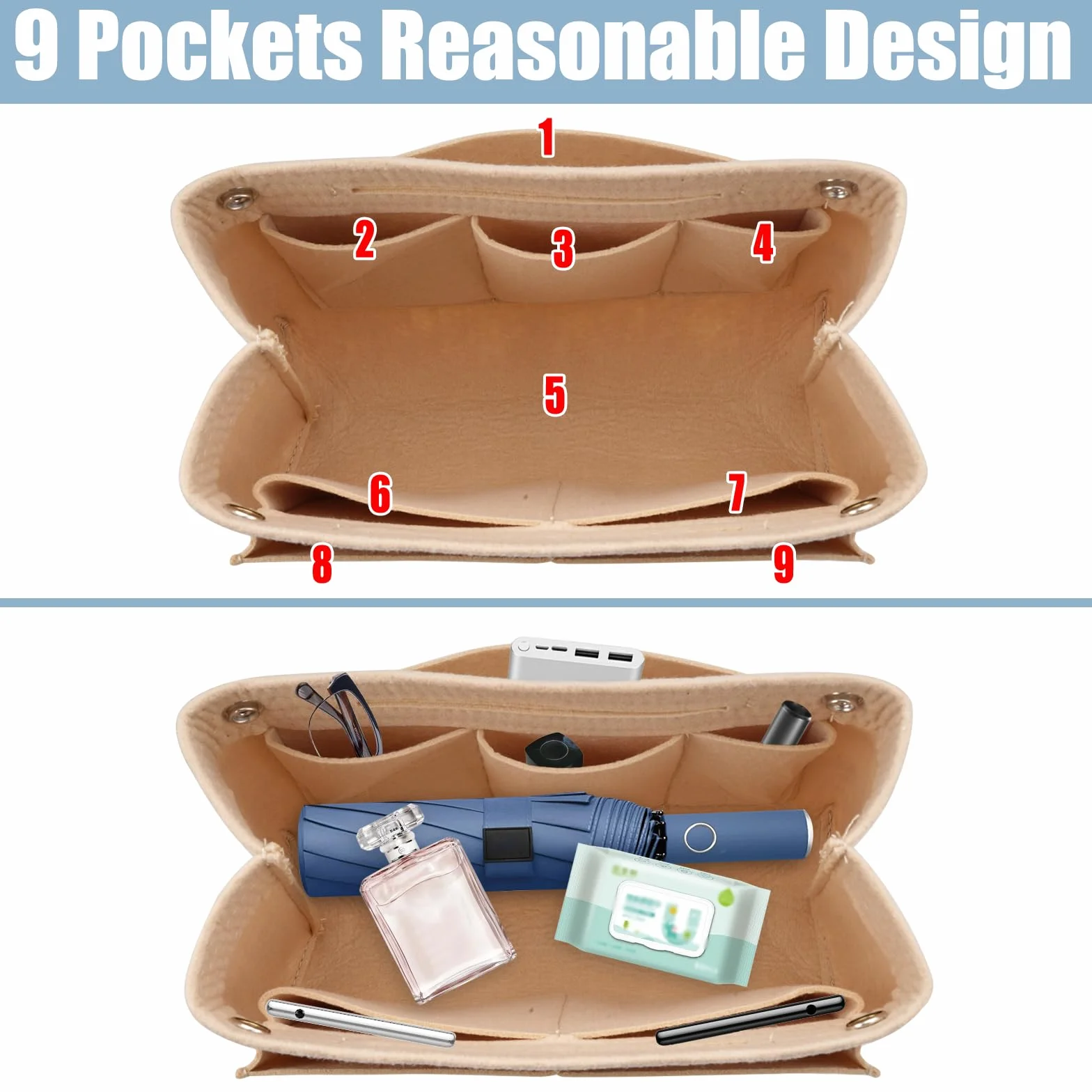 Filcowy organizer do torebki, 24 x 8 x 15 cm, filcowy organizer do torebki, kieszeń wewnętrzna na torebki z wieloma przegródkami (beżowy)