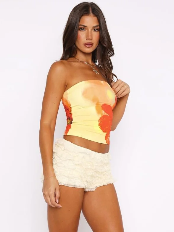 Tube Tops damski top na lato, bez rękawów, bez ramion, elegancki nadruk kwiatowy, bez ramiączek, seksowny, obcisły top Y2k Casual Stretchy Slim Fit, Bandeau Crop Top