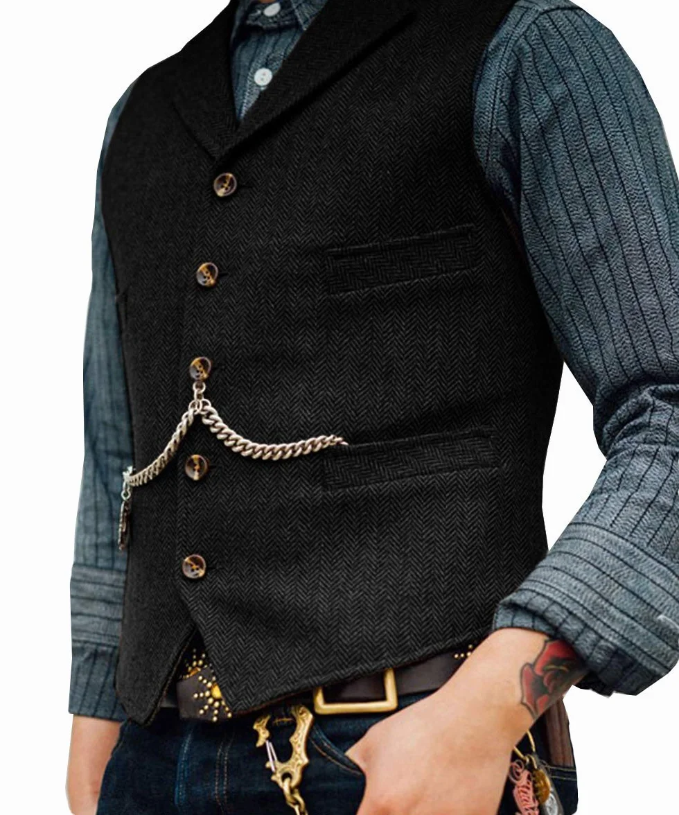 Vintage męska kamizelka slim fit tweedowa wełniana kamizelka biznesowa w jodełkę na ślub dla drużbów