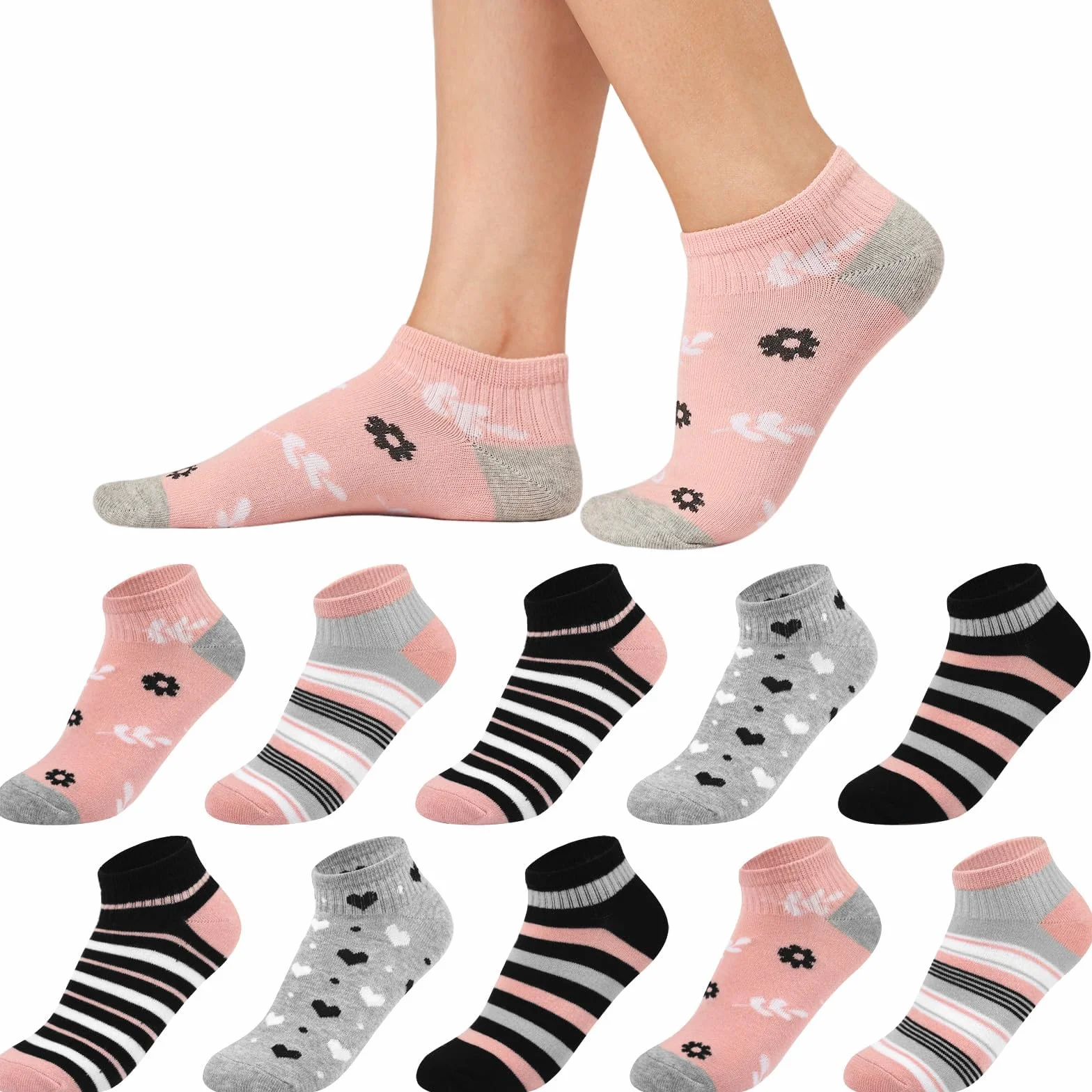 Skarpety damskie do sneakersów 35-38 39-42, 10 par bawełnianych krótkich skarpet dziewczęcych, wielokolorowe skarpety do sneakersów, kolorowe skarpety damskie z kropkami w paski, Zestaw ró?owy, 35-38