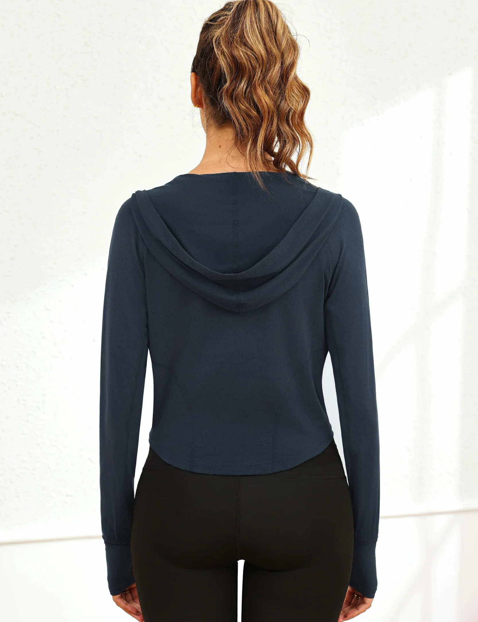 Terecey Damska kurtka sportowa z kapturem Kurtka do biegania, Joga Trening z długim rękawem, sportowa koszula fitness, slim fit