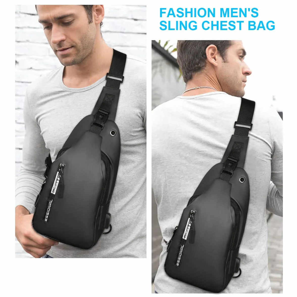 Aucuu męska torba na klatkę piersiową, torba na ramię z portem USB do ładowania, wodoodporna torba na ramię, torba na piersi Crossbody (z USB*1), #2 Szary