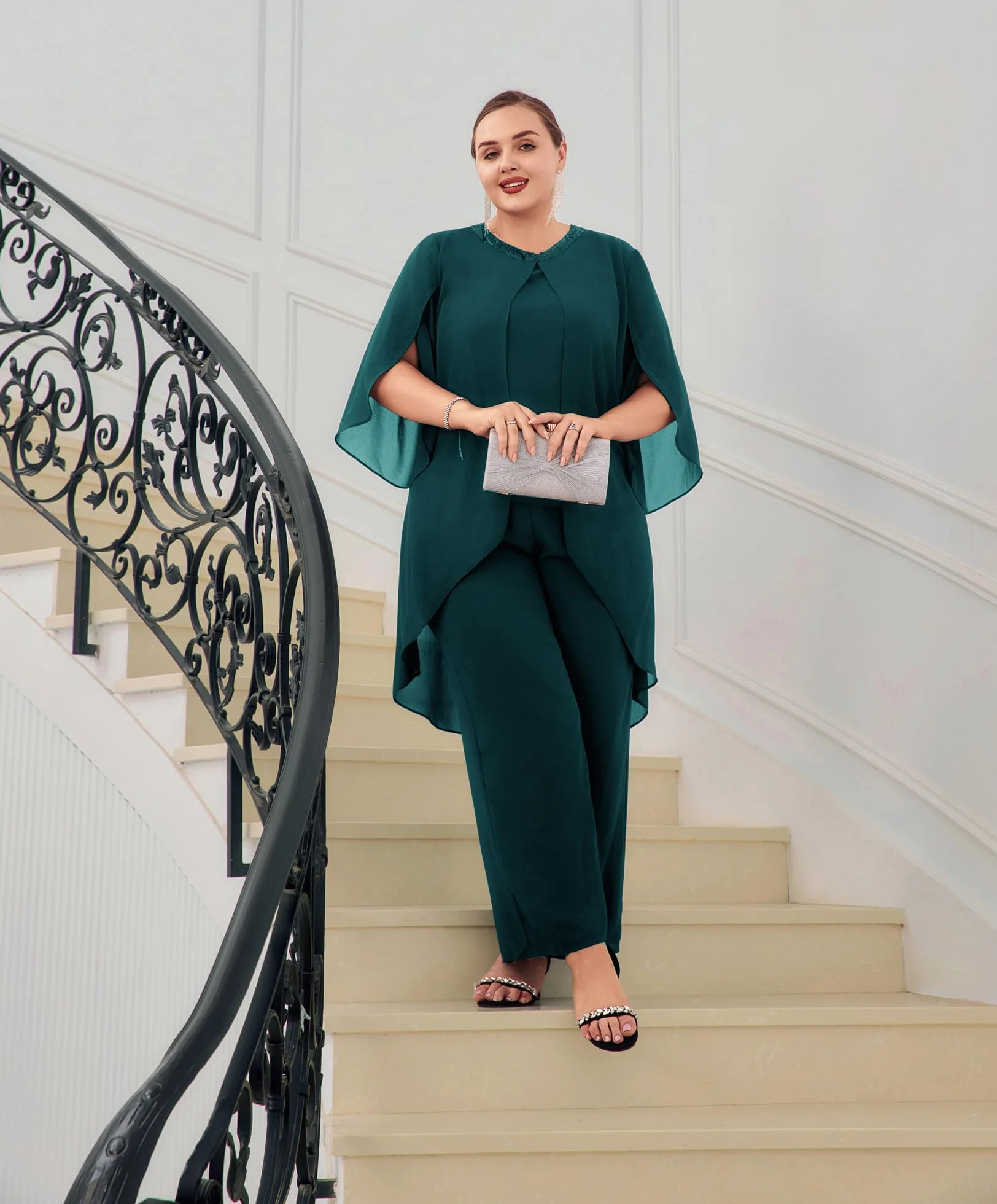 Hanna Nikole Damski strój wieczorowy w dużych rozmiarach, szyfonowy, elegancki, dwuczęściowy, odświętny strój, dla gości weselnych, na uroczystość, moda wieczorowa, cekiny, okrągły dekolt, wysoki