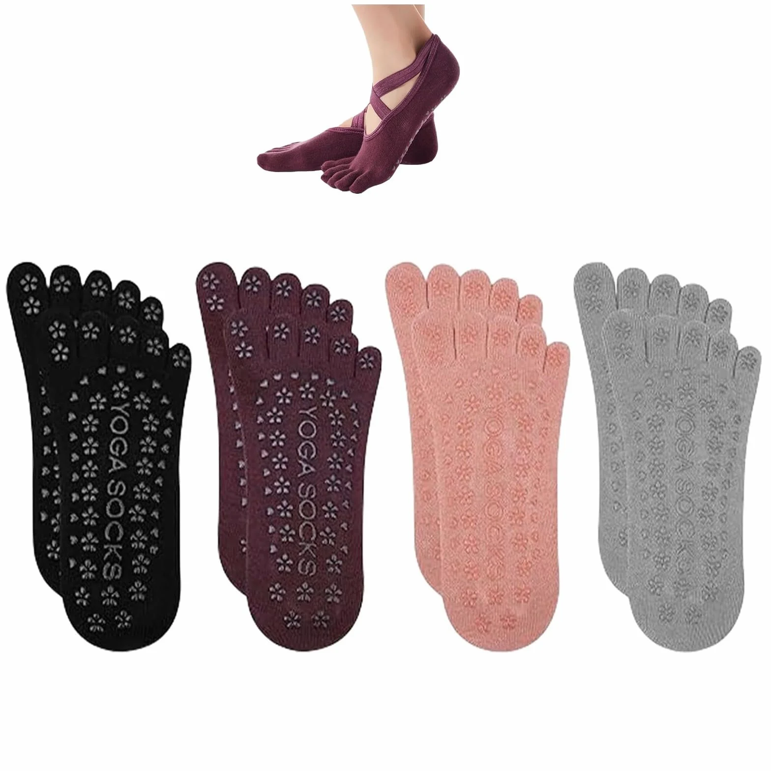 flintronic Skarpety do jogi, antypoślizgowe skarpety do pilatesu z paskami, bawełniane skarpety z pięcioma palcami, pochłanianie potu, odpowiednie do pilatesu, baletu, treningu boso, tańca, Czarny