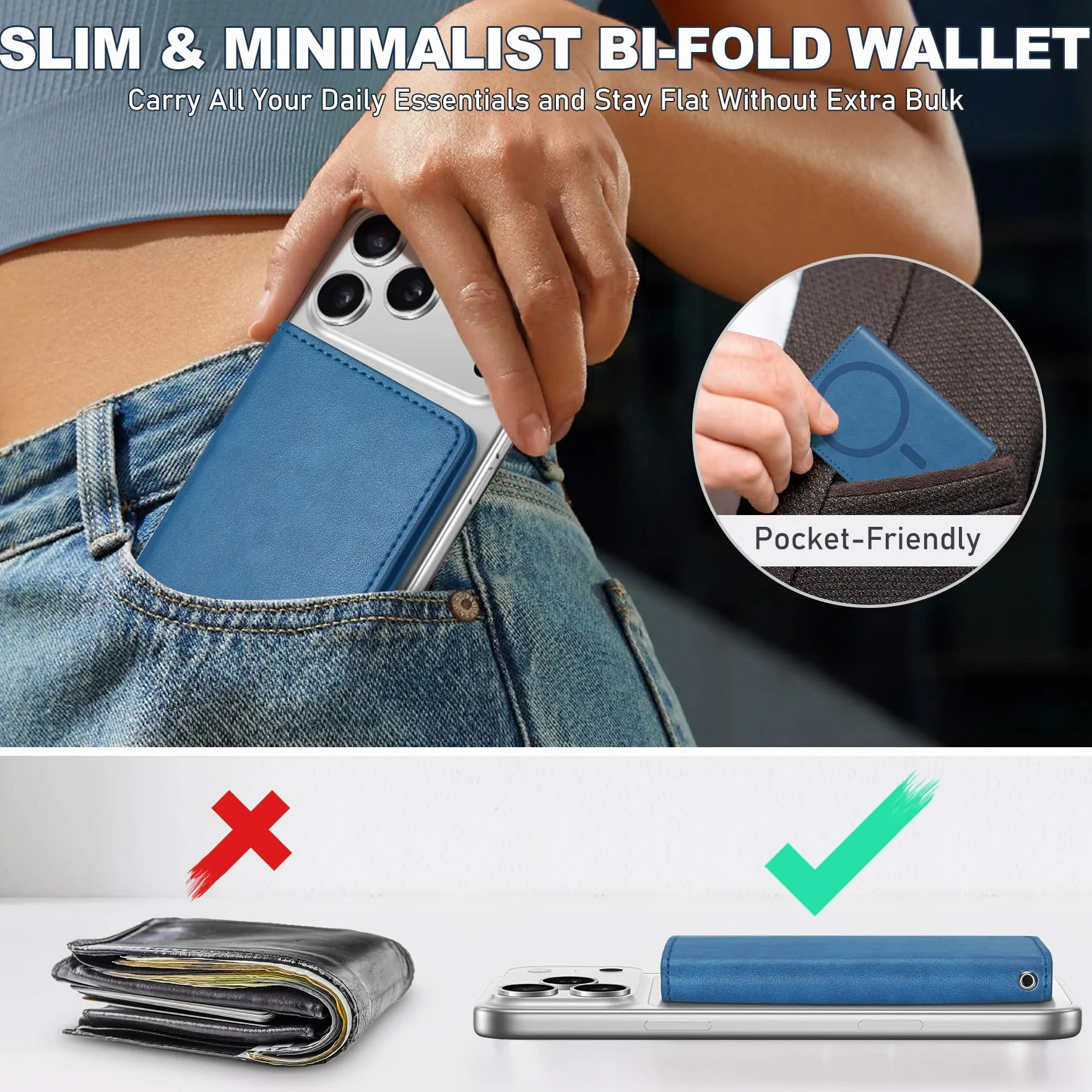TUCCH Portfel magnetyczny, 6 uchwytów na karty z blokadą RFID, kompatybilne z MagSafe, etui na karty ze skóry PU [przezroczyste okienko ID] do iPhone 17/16/15/14/13/12 seria, Jasnoniebieski