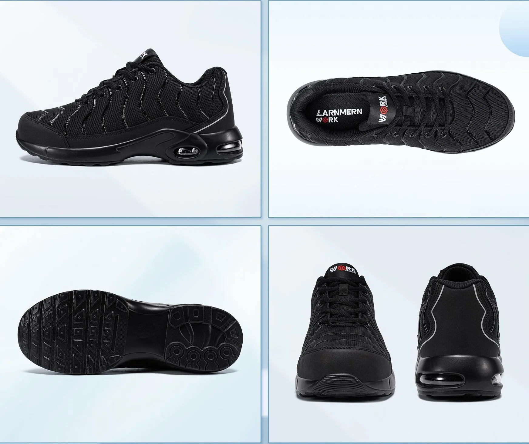 LARNMERN Męskie lekkie buty ochronne ze stalowymi noskami, wygodne buty ochronne, buty robocze, oddychające, obuwie robocze, odporne na przebicie, poduszka powietrzna