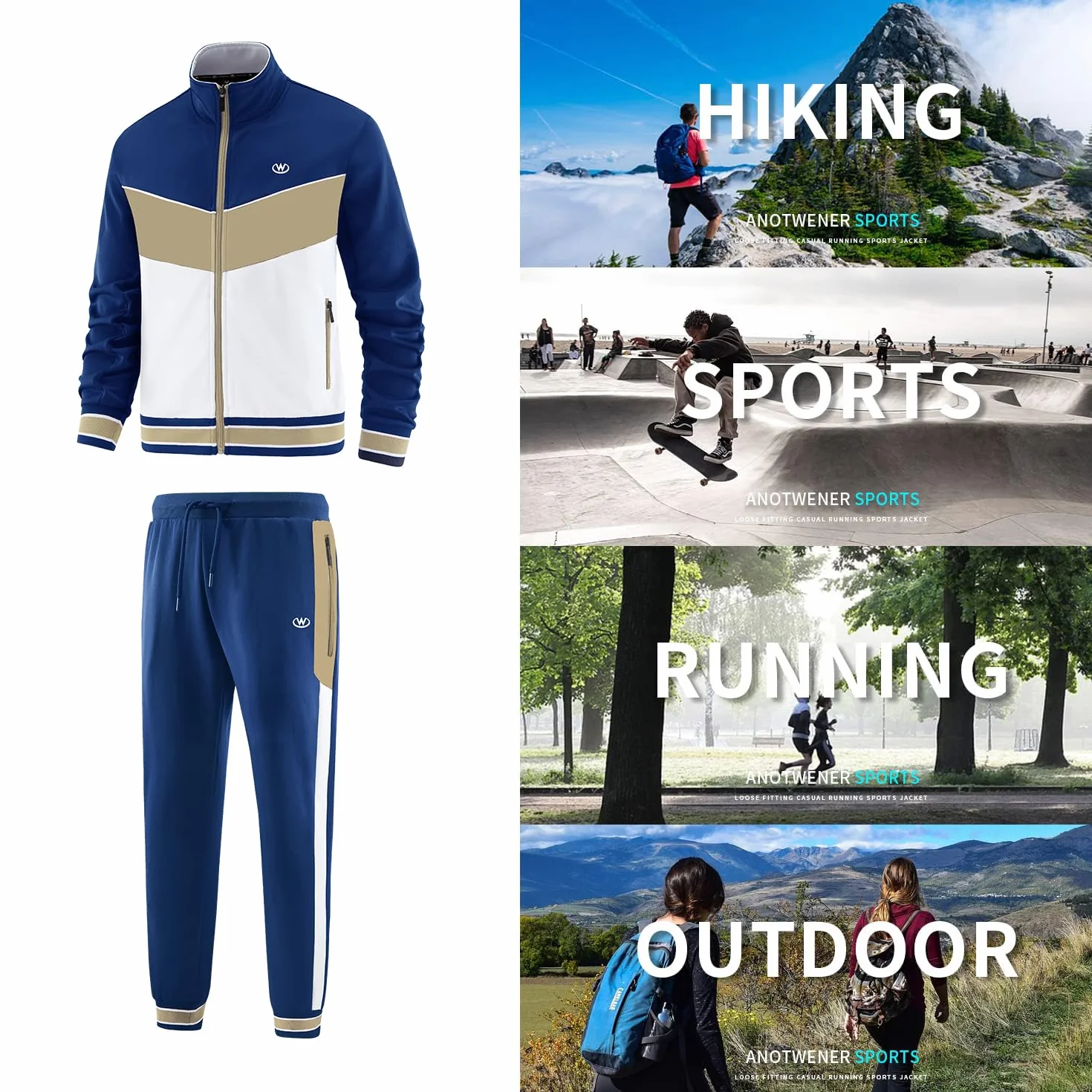 ANOTWENER Męskie dresy treningowe, zestaw 2 sztuk, swobodne, długie rękawy, zamek błyskawiczny, kurtka i spodnie do joggingu, strój sportowy