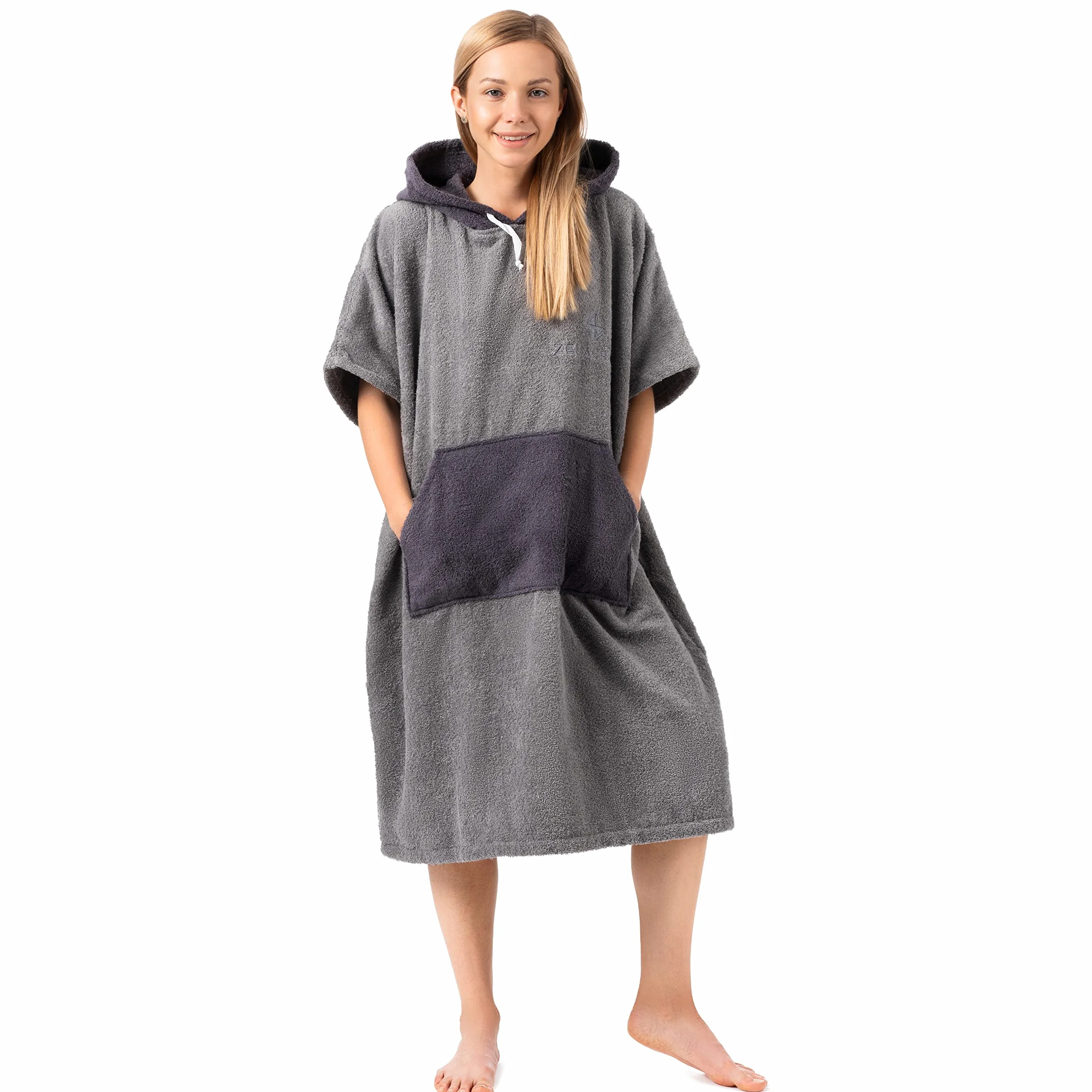 Poncho kąpielowe i sportowe - L/XL - 100% bawełna frotte - damskie poncho, męskie poncho, dla dorosłych i dzieci - idealne na plażę, basen i basen oraz ręcznik - jasnoszare
