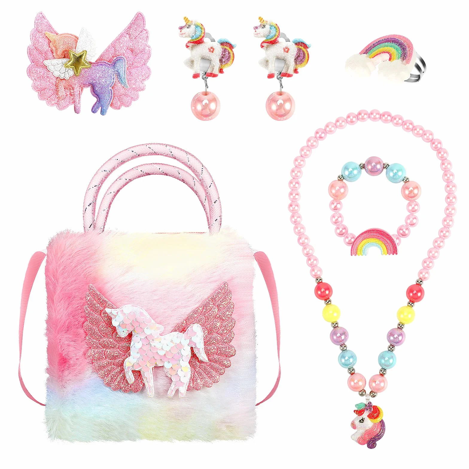 Jednorożec torebka dziecięca, pluszowe torby crossbody, naszyjnik, bransoletka, kolczyki, pierścionek, spinki do włosów, zestaw księżniczki