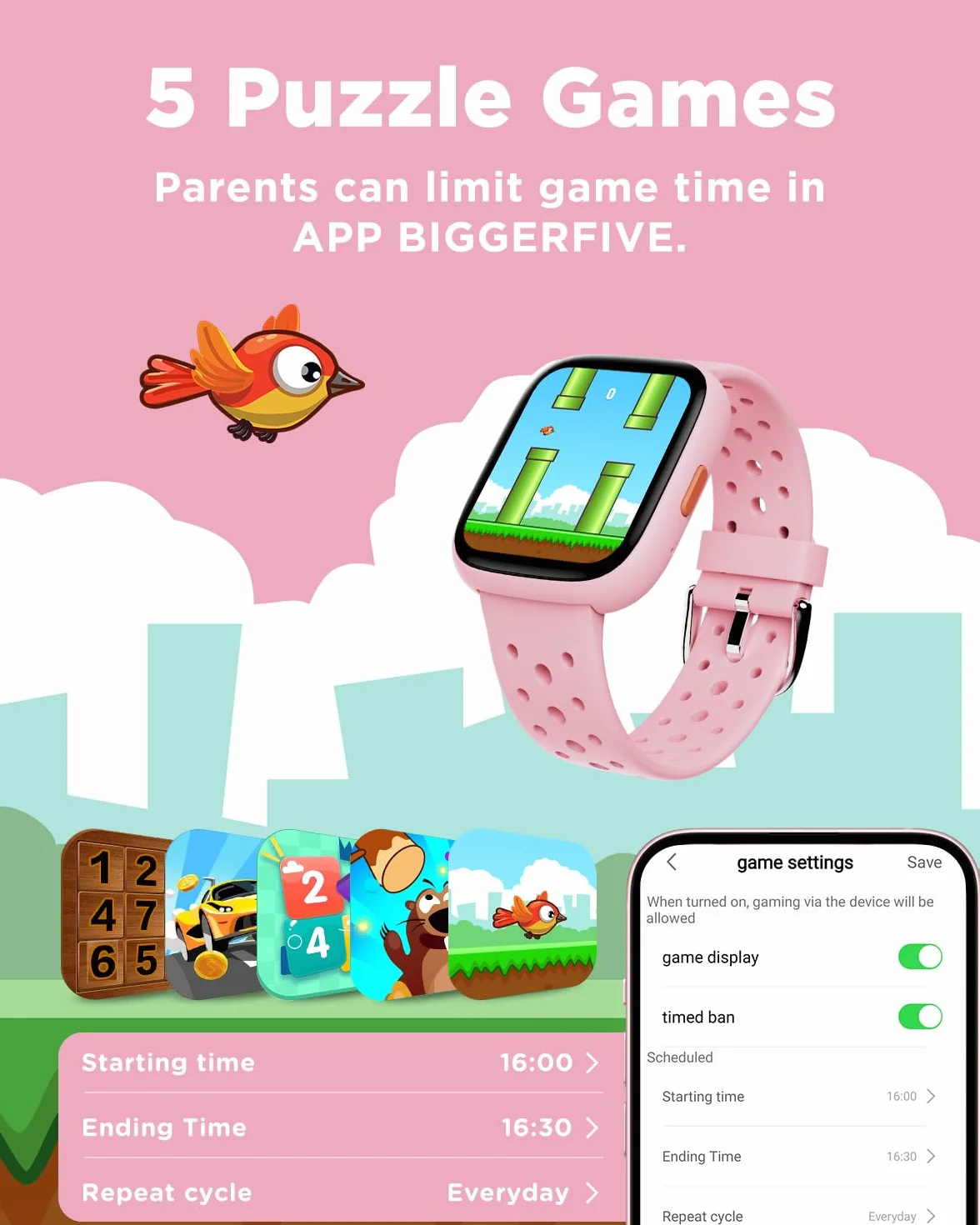 Biggerfive Smartwatch dla dzieci, 1,8-calowy zegarek fitness z krokomierzem, 24/7 pomiar tętna, monitor snu, alarm wibracyjny, klasa wodoszczelności IP68, gry logiczne z/bez aplikacji, dla dziewczynek