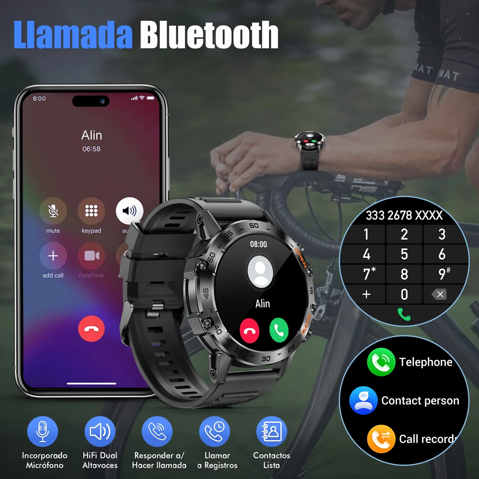 Smartwatch męski z funkcją telefonu, ekran dotykowy 1,39", wodoszczelny IP68, 100 trybów sportowych z trackerem fitness, pomiarem ciśnienia krwi, monitorem snu, SpO2, akumulator 20+ dni, Android iOS