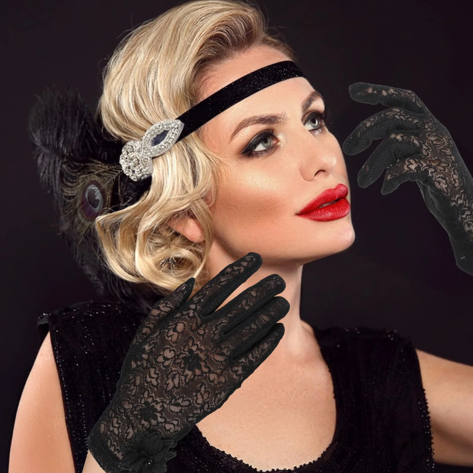 Koronkowe rękawiczki, krótkie kwiatowe rękawiczki na przyjęcie herbaciane dla kobiet, eleganckie akcesoria do sukni ślubnej, do opery, Halloween, kolacji, imprezy (czarne)