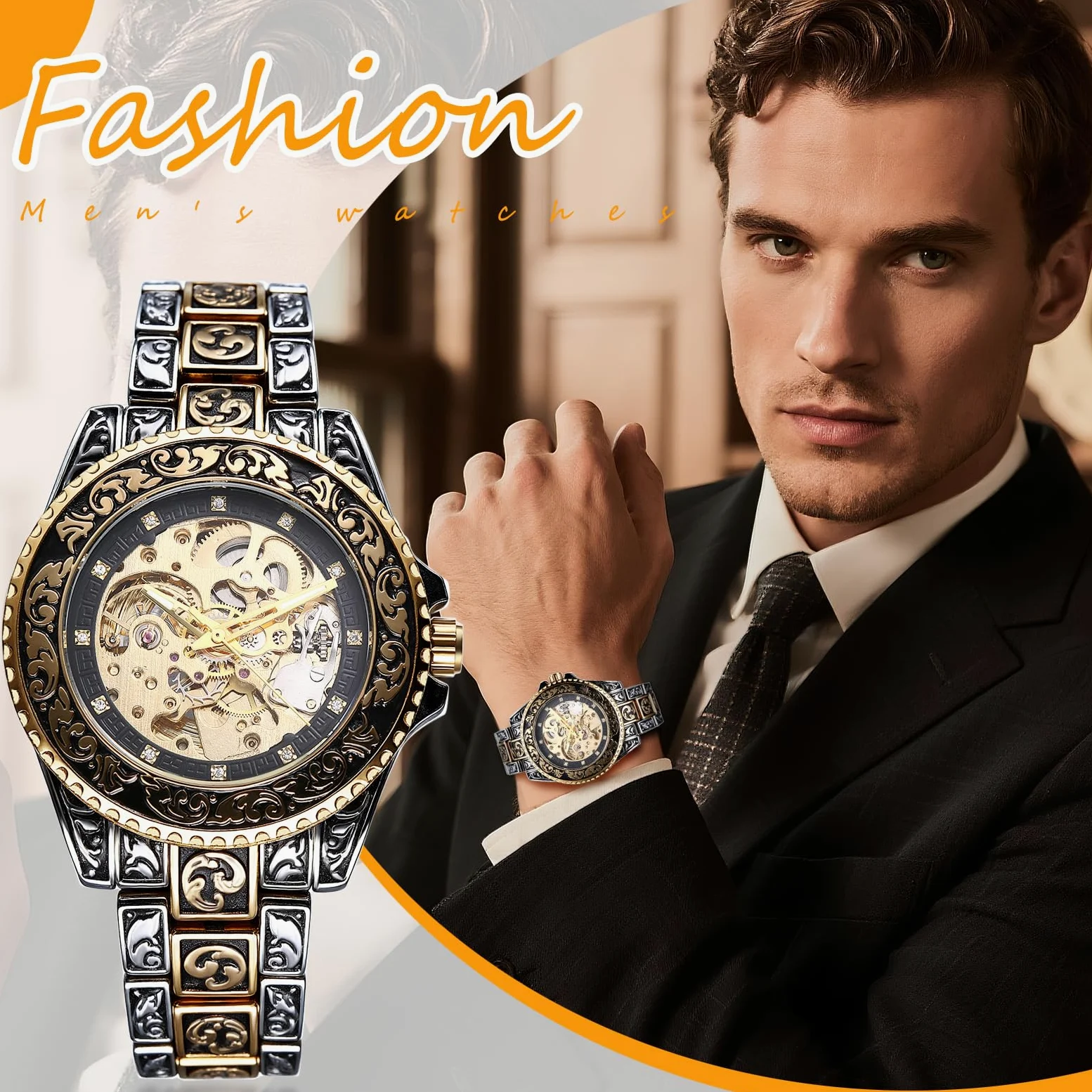 JewelryWe Zegarek męski w stylu vintage, szkielet, zegarek automatyczny: antyczny złoty, 36 godzin rezerwy biegów, automatyczny, mechaniczny zegarek na rękę, stal nierdzewna, automatyczny zegarek ze