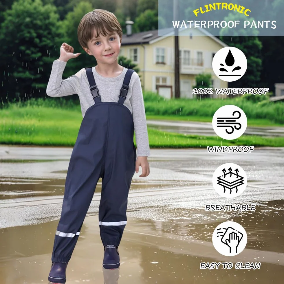 flintronic Dziecięce wodoodporne spodnie z odblaskowym paskiem, dziecięce spodnie przeciwdeszczowe, na zewnątrz, odporne na zabrudzenia