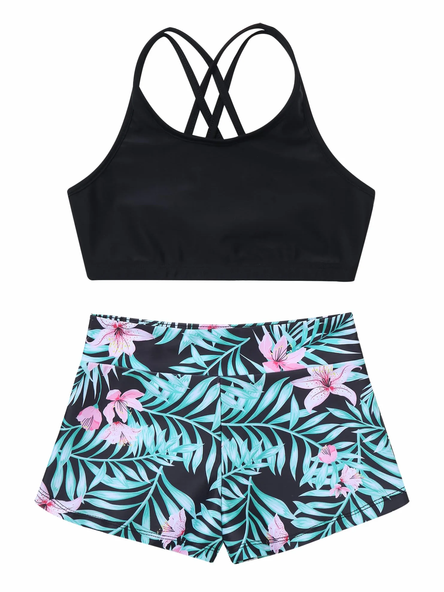 Agoky Dziewczęce sportowe tankini zestaw bikini dwuczęściowy strój kąpielowy z gorsetem + krótkie spodenki, wzór panterki, strój gimnastyczny, gimnastyka, joga, taniec, odzież rozm. 116-164