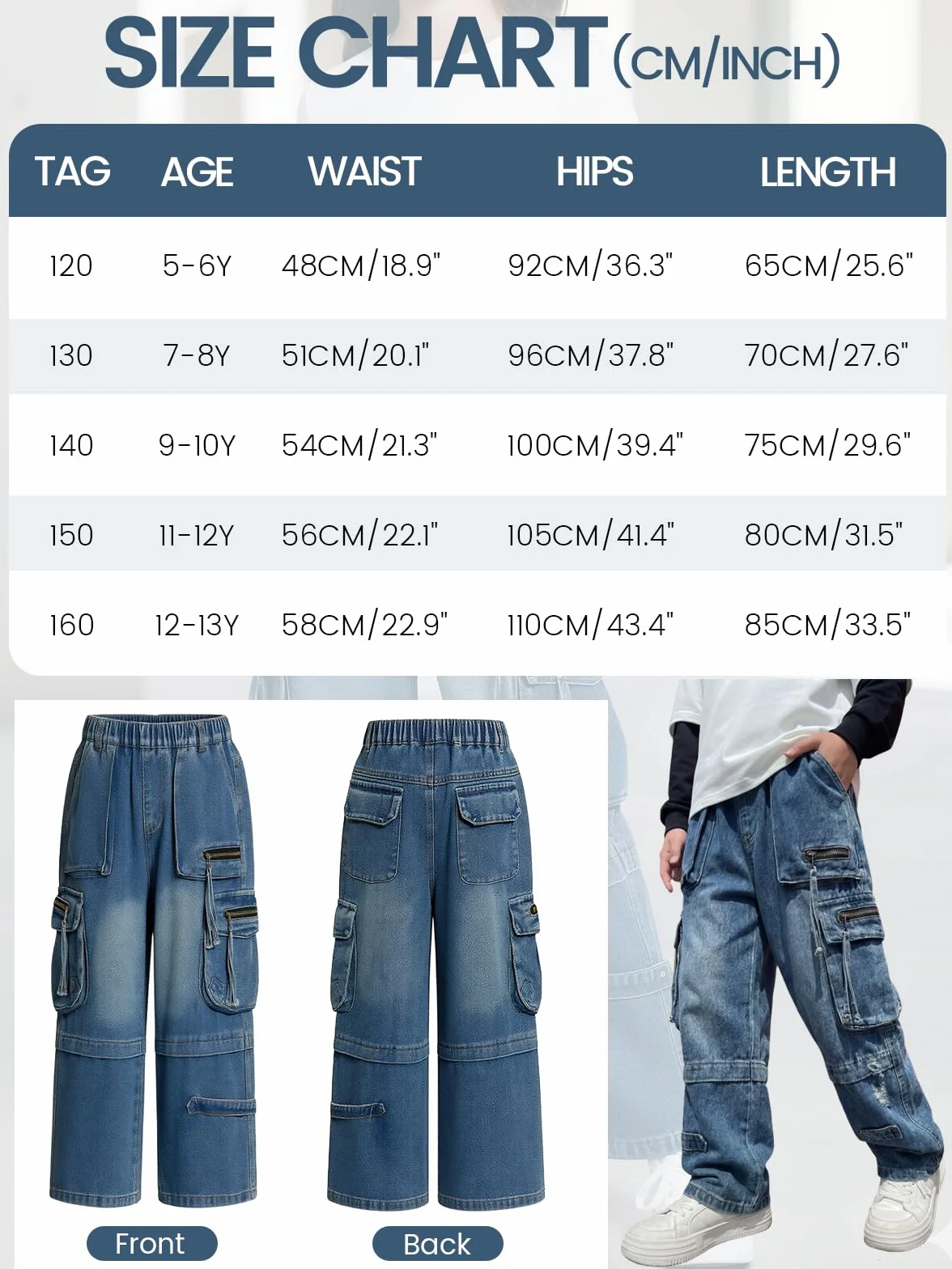 JiAmy Chłopięce spodnie dżinsowe, elastyczny ściągacz, Baggy Jeans chłopięce, szerokie nogawki, Y2k, dziecięce spodnie cargo, bawełna, spodnie dżinsowe dla chłopców i dziewczynek, 120-160 (5-14 lat)