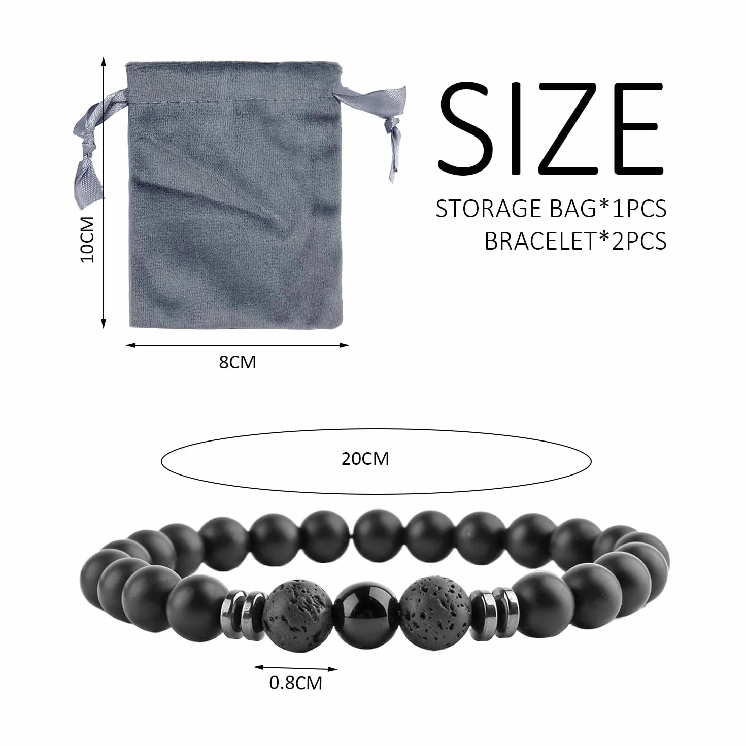 2 sztuki czarnych bransoletek z pereł, 1 torba do przechowywania, biżuteria męska, bransoletki z agatu lawowego 8 mm
