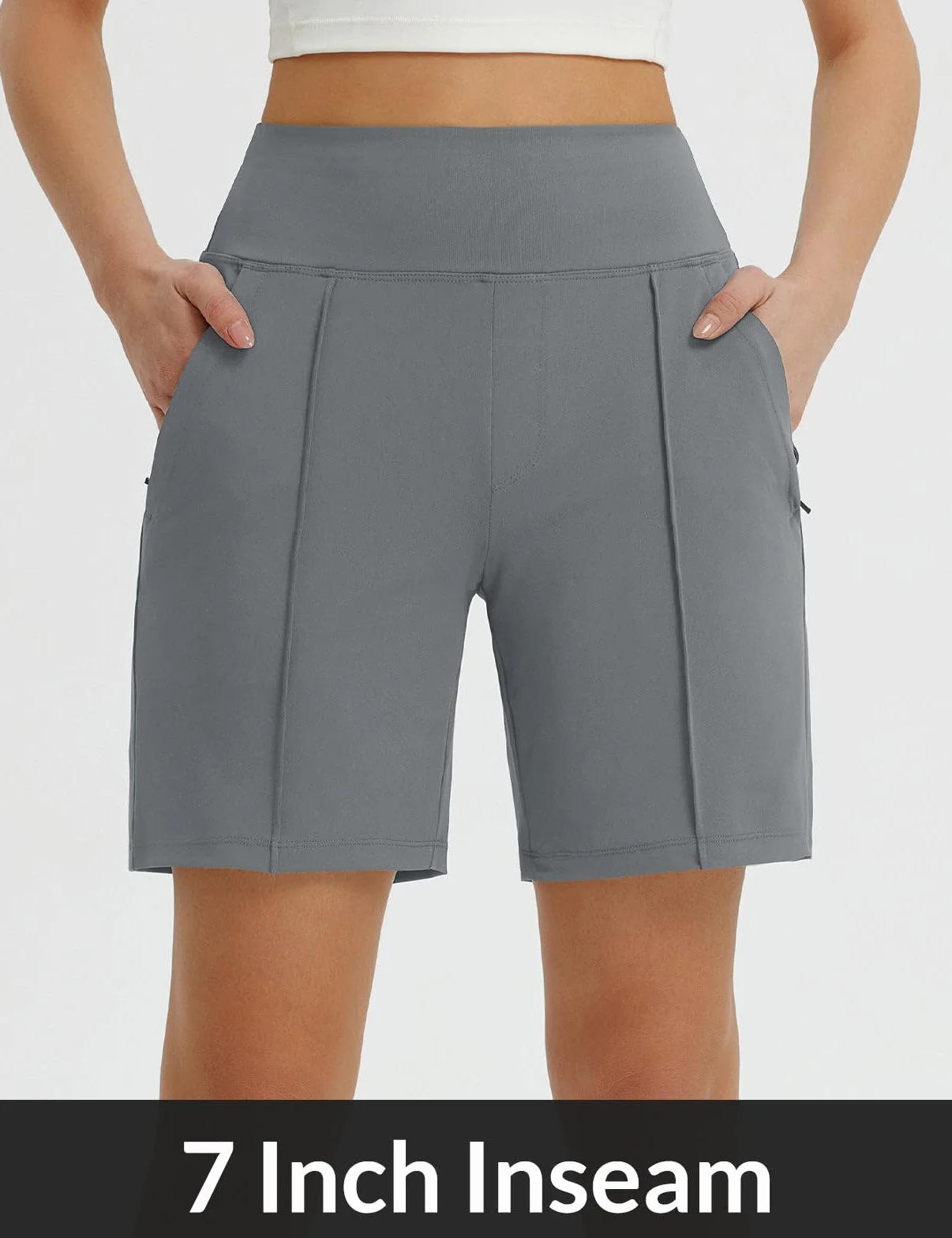 BALEAF Damskie bermudy 18 cm z kieszeniami na zamek błyskawiczny, długie szorty z wysokim stanem, sportowy trening, codzienne spacery