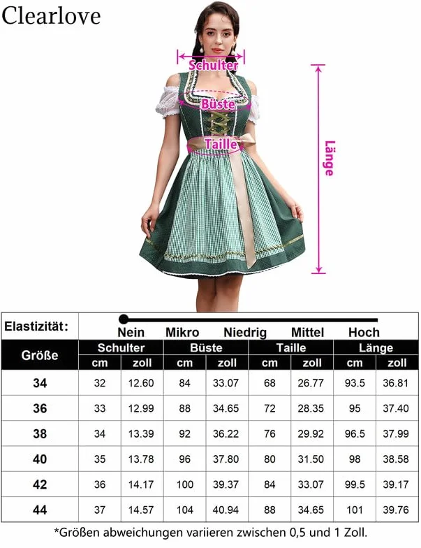 Clearlove Dirndl damska sukienka midi 3-częściowa sukienka do stroju ludowego, modna sukienka Dirndl, bluzka na Oktoberfest, zielony, 44