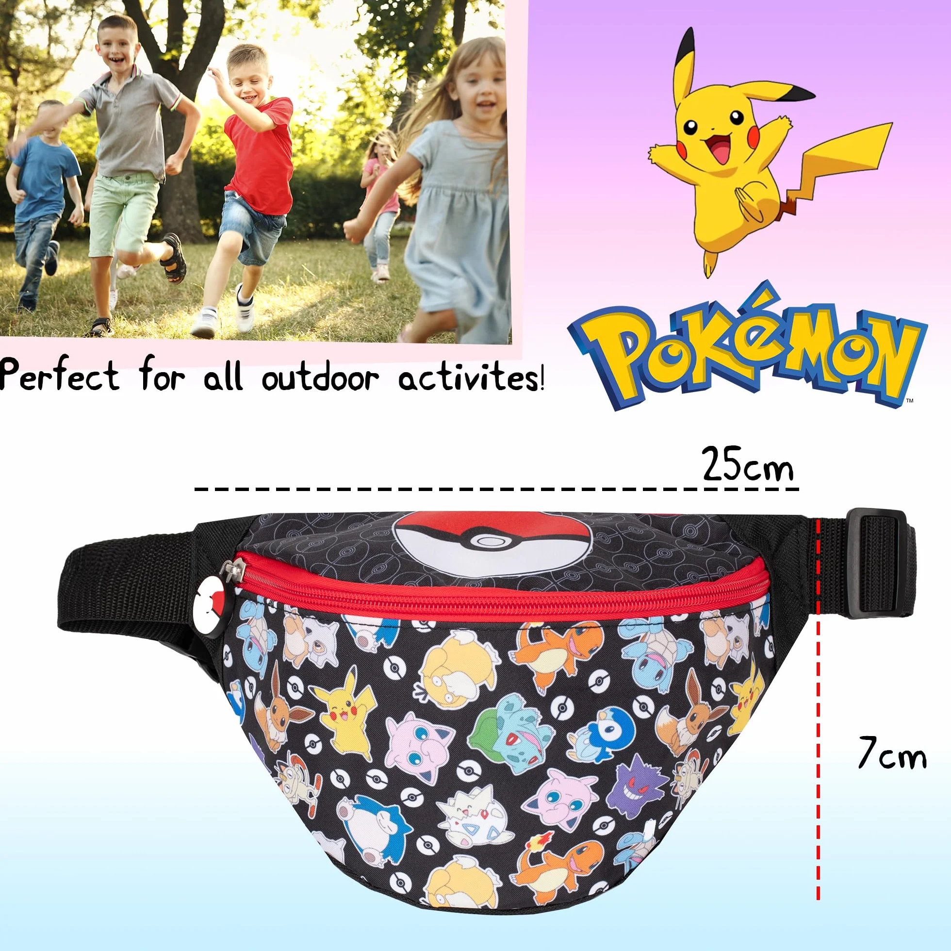 Pokémon Torba na biodra dla chłopców z regulowanym paskiem, lekka, zabawna torba na pas, torebka na podróże dla dzieci, torebka na ramię z regulowanym paskiem, torebka na biodra dla dzieci