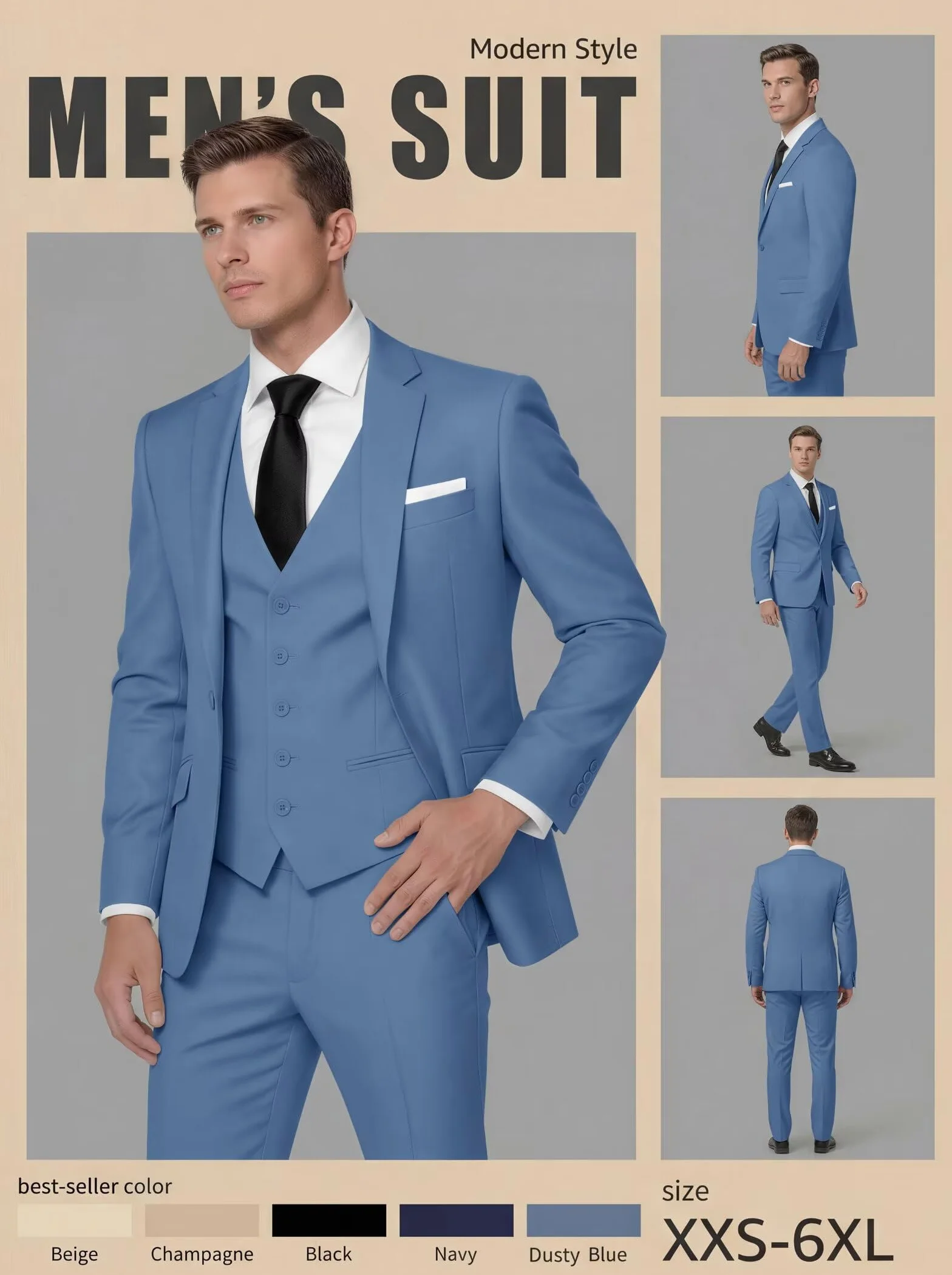 HUUTOE Męskie 3-częściowe garnitury slim fit, kostiumy na studniówkę dla mężczyzn, suknia ślubna, garnitur, letnia marynarka, kurtka, kamizelka, spodnie, smoking, zestaw
