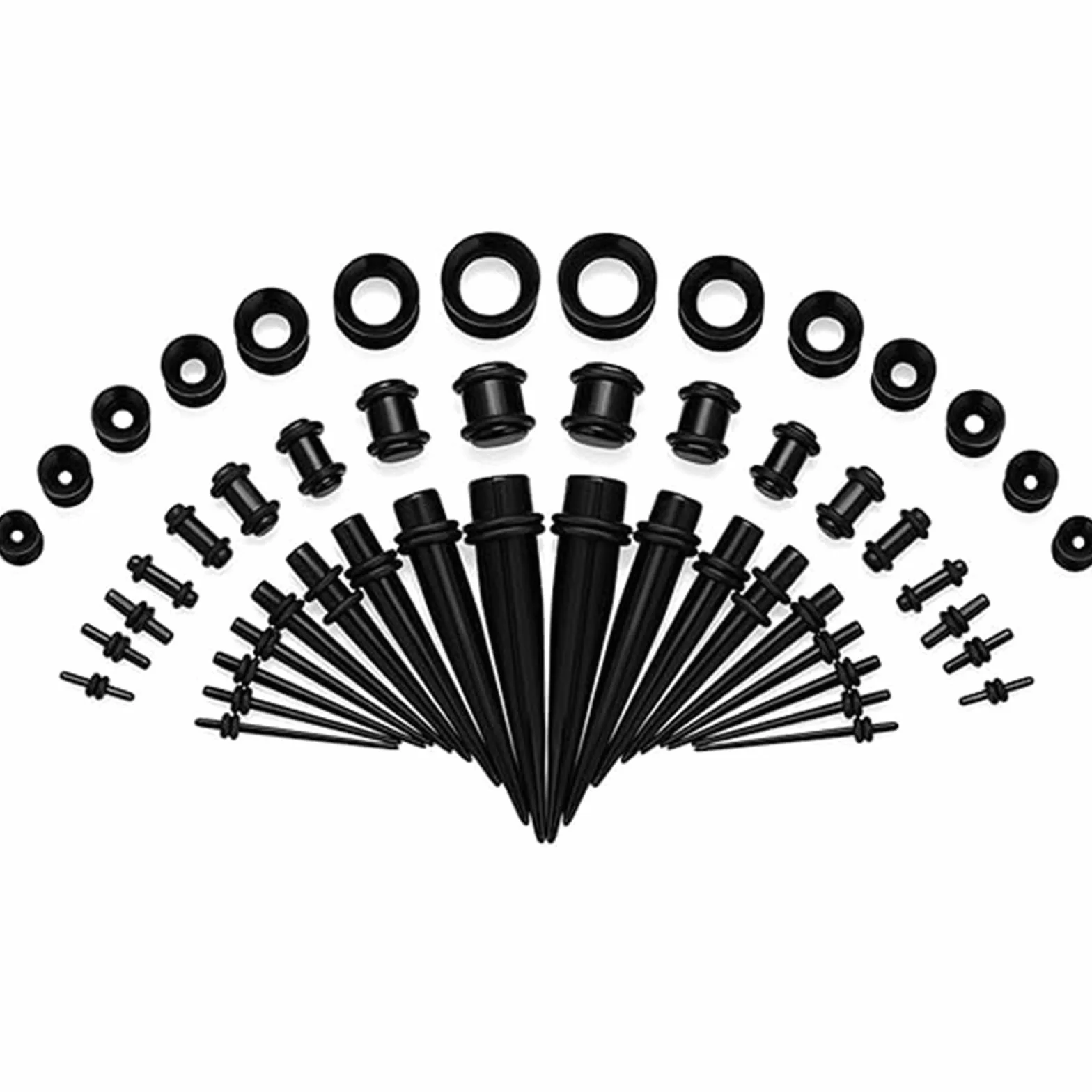 Huacan 50-częściowy zestaw do rozciągania uszu – rozciągacze do uszu stożki 1,6 mm – 10 mm + tunele silikonowe 3–12 mm